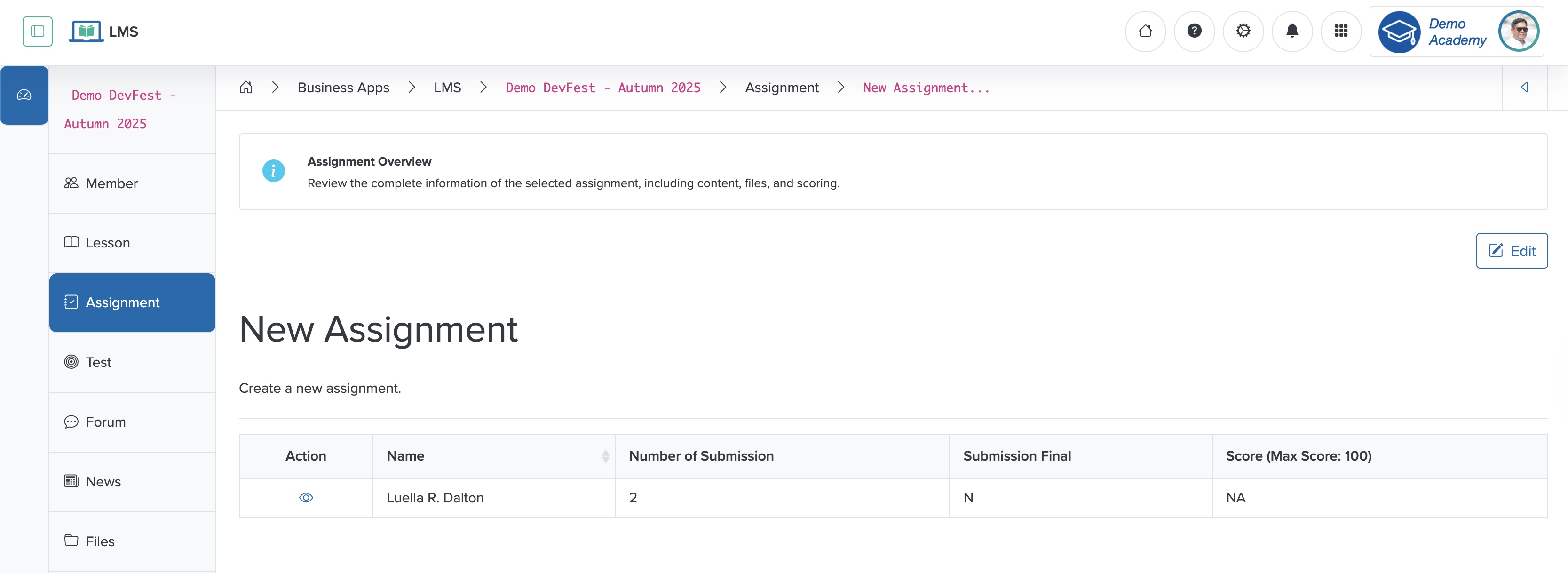 Figure 4: Individual Workspace - Individual Course Assignment Detail List Screen