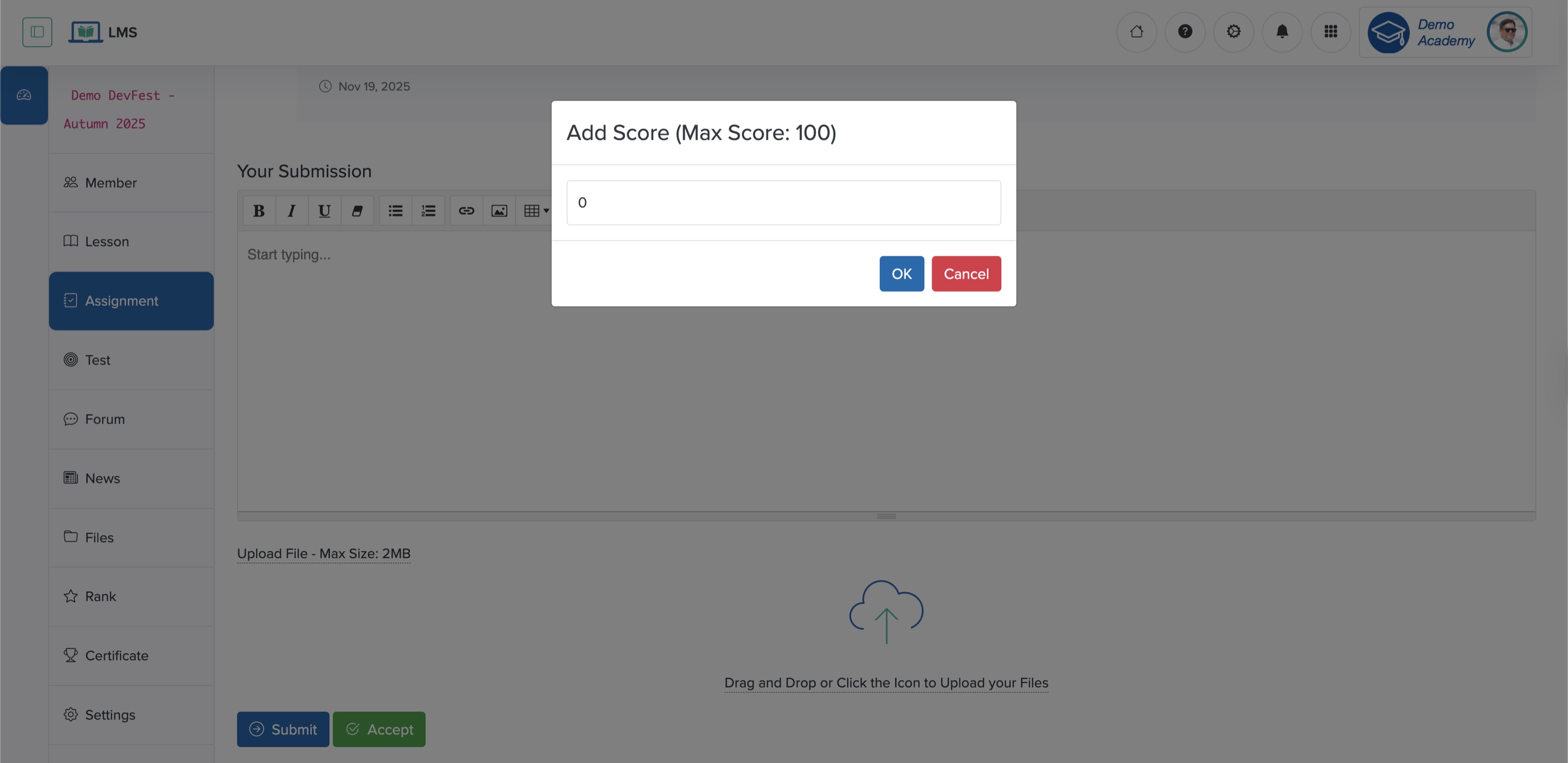 Figure 6: Individual Workspace - Individual Course Assignment Accept Screen
