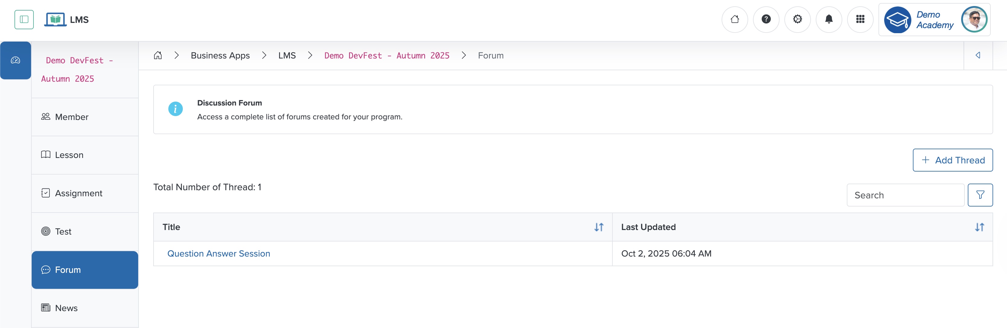 Figure 2: Individual Workspace - Manage Forum for Individual Course Screen