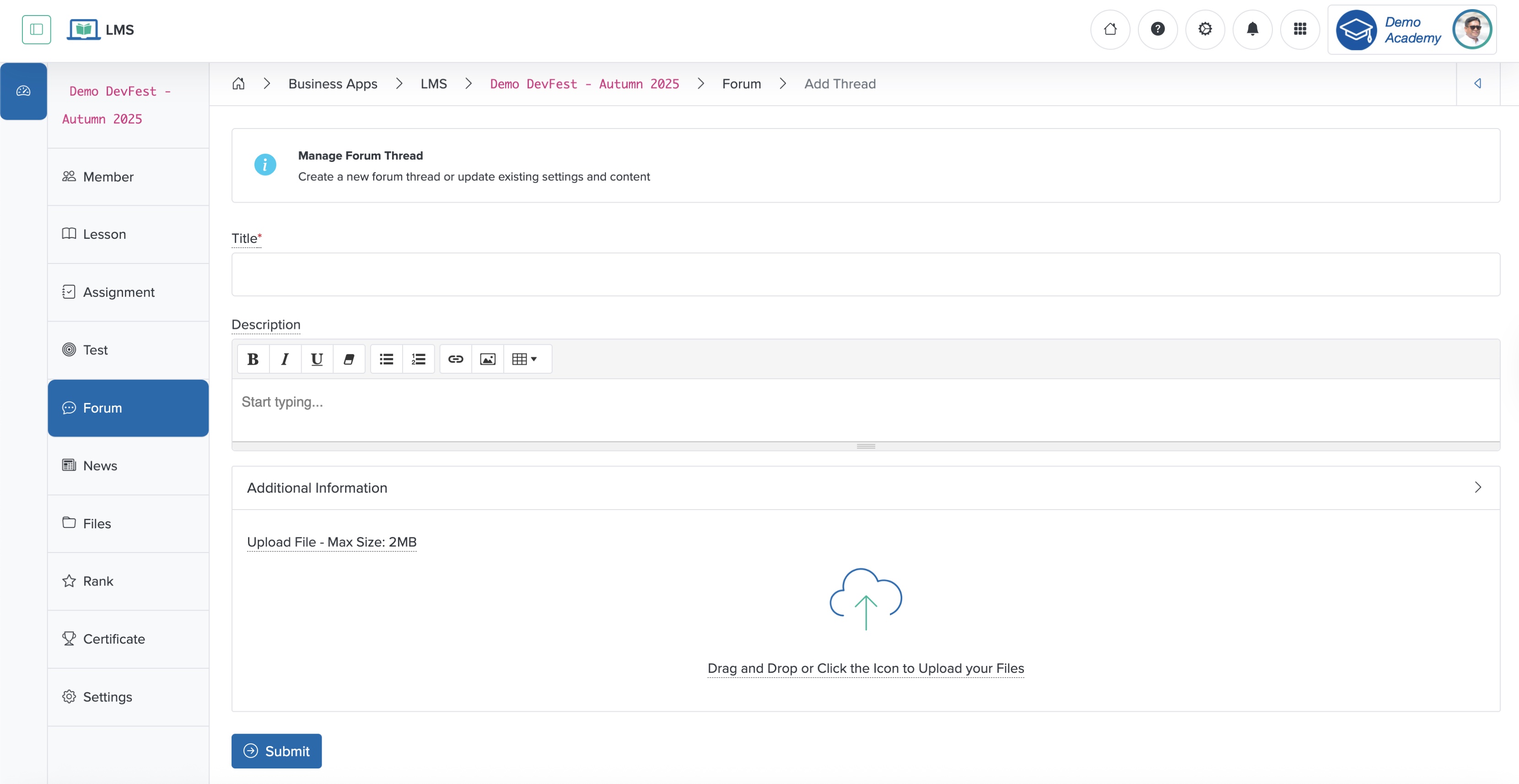 Figure 3: Individual Workspace - Add Forum Thread for Individual Course Screen