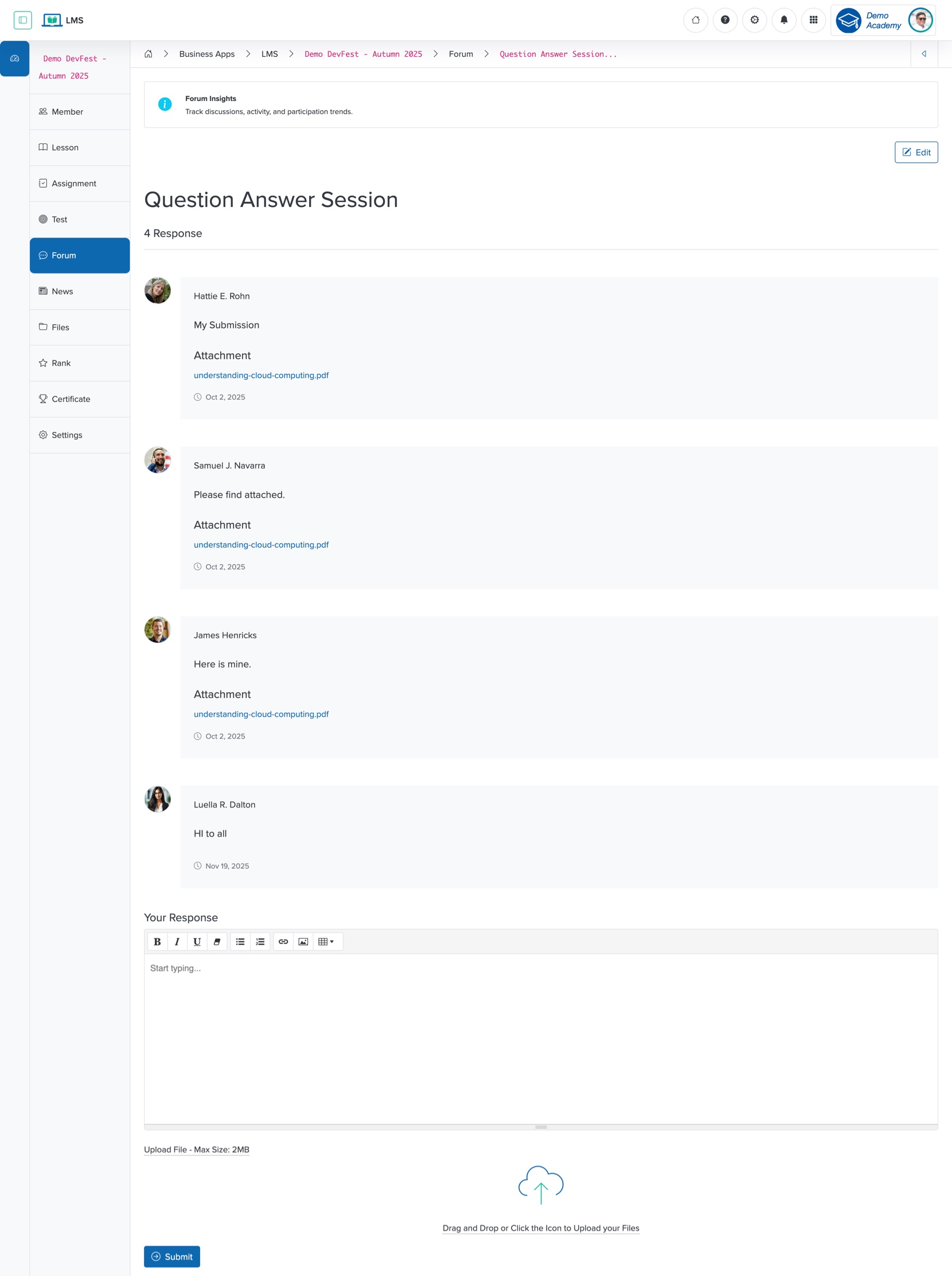 Figure 4: Individual Workspace - Forum Thread Detail for Individual Course Screen
