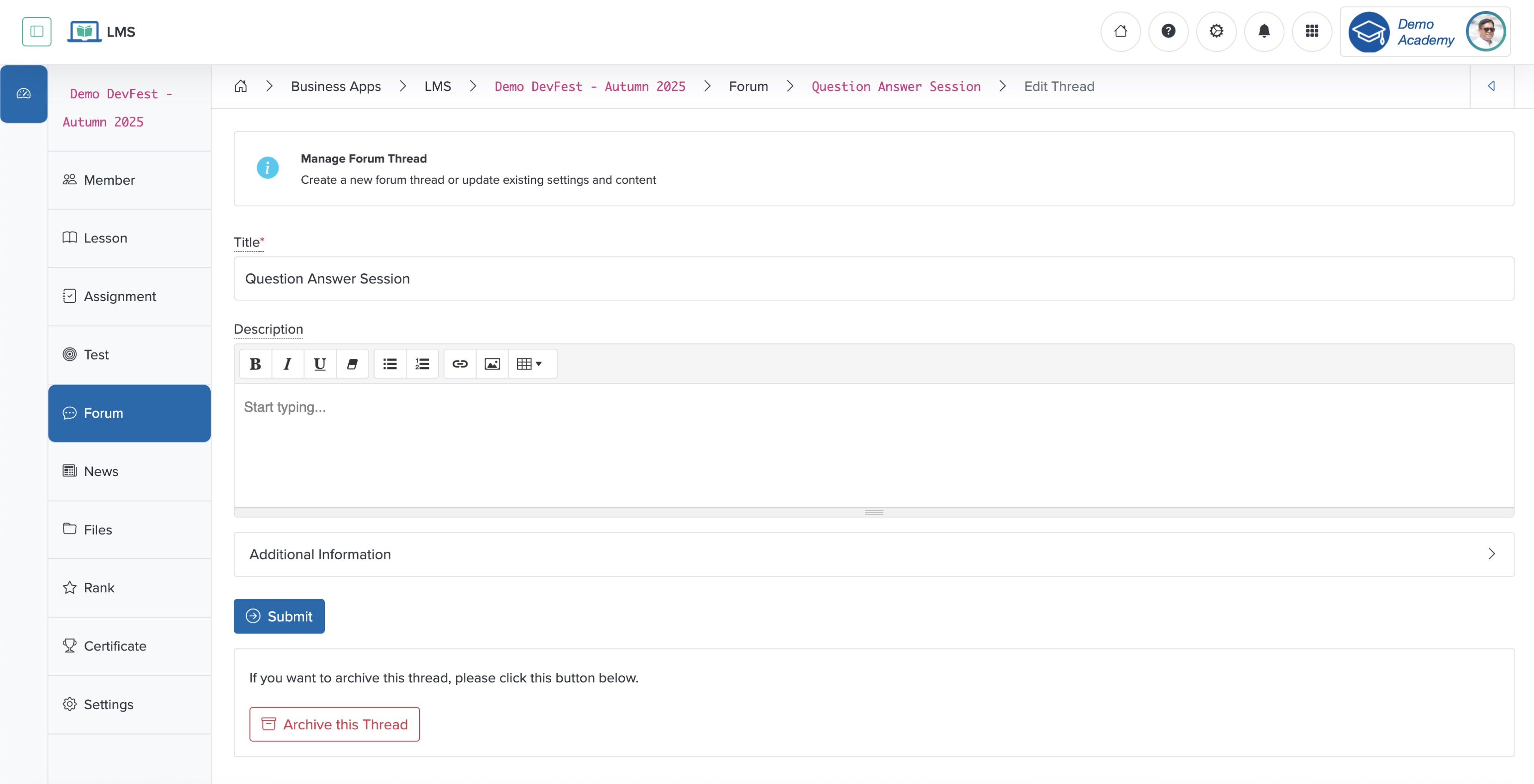 Figure 5: Individual Workspace - Edit Forum Thread for Individual Course Screen