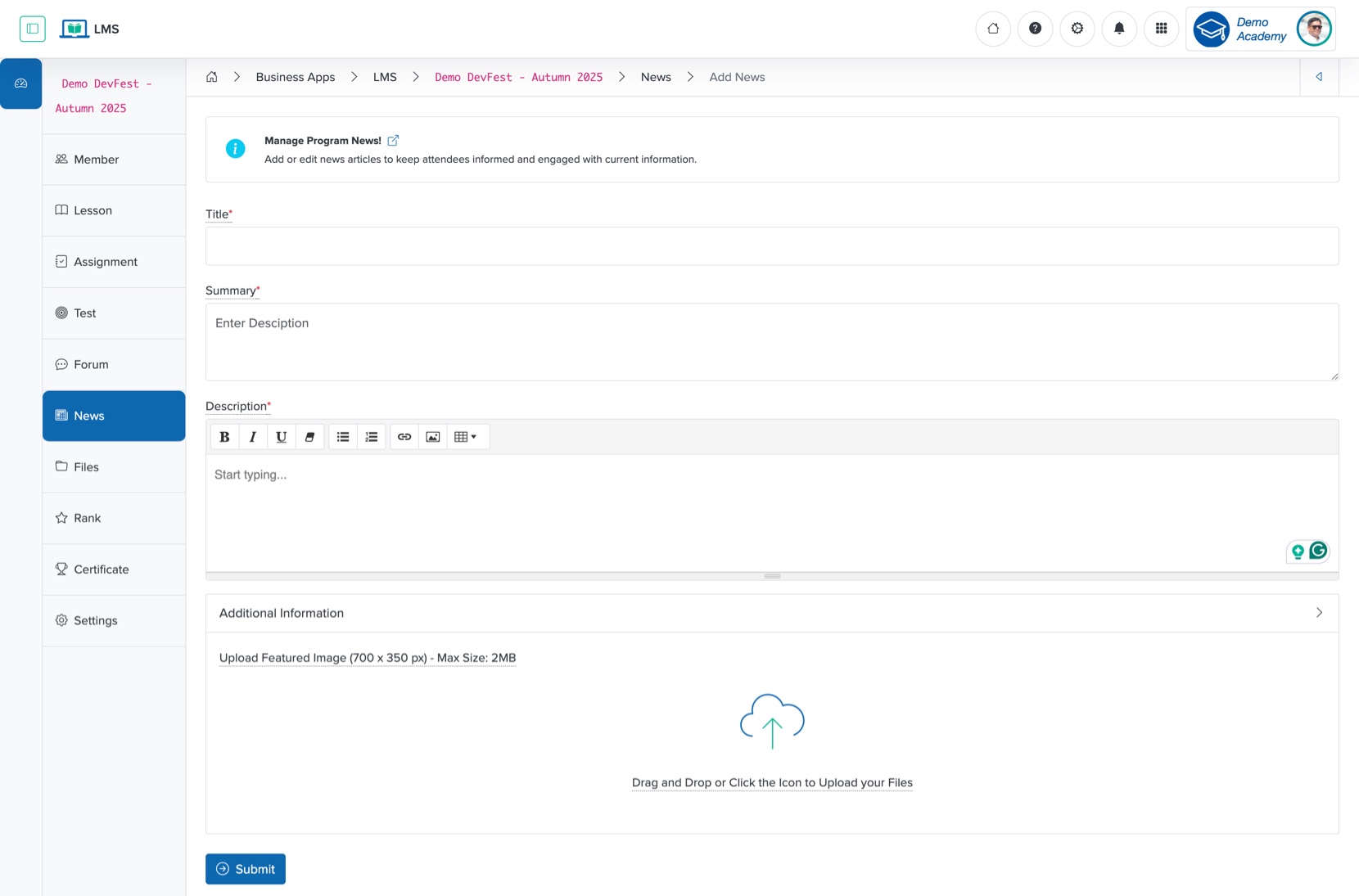 Figure 3: Individual Workspace - Individual Course Add News Screen
