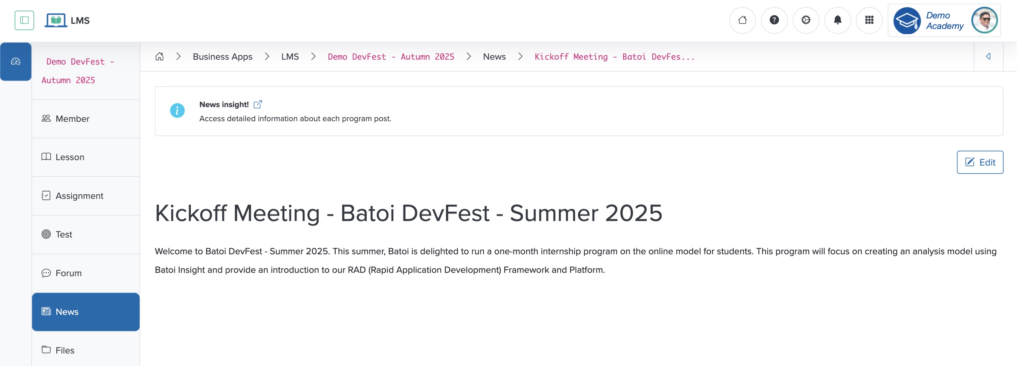 Figure 4: Individual Workspace - Individual Course News Detail Screen