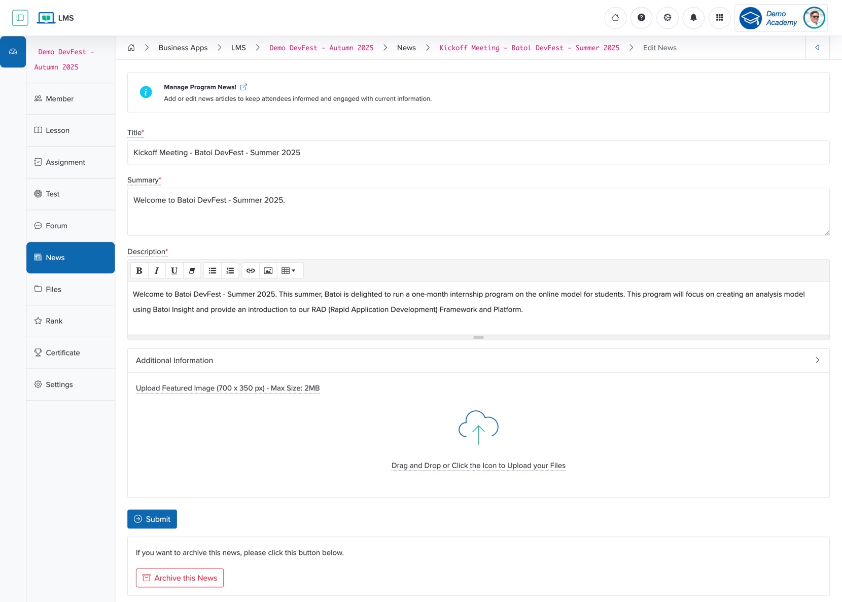 Figure 5: Individual Workspace - Individual Course News Edit Screen