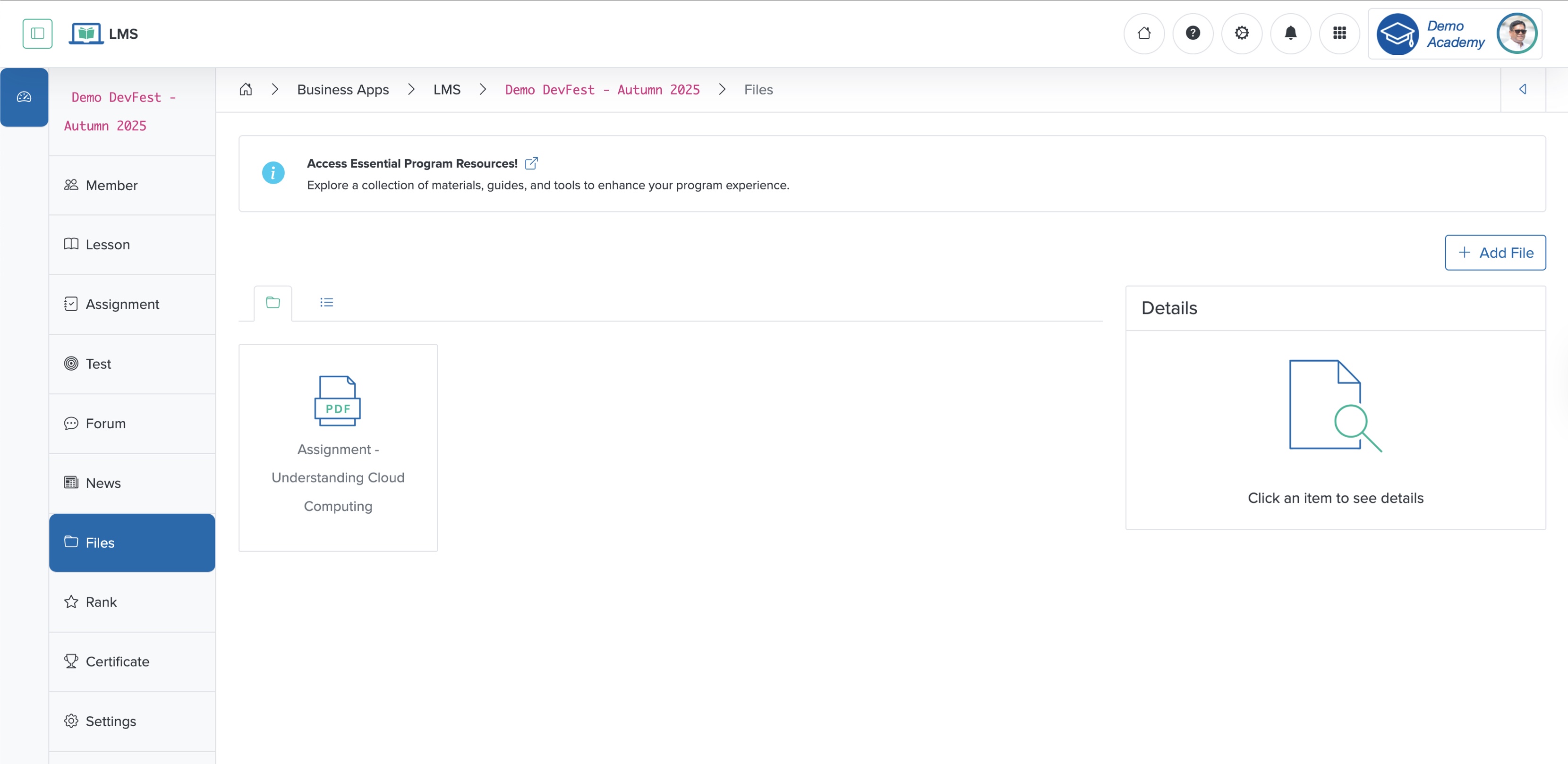 Figure 2: Individual Workspace - Individual Course Resources List Screen