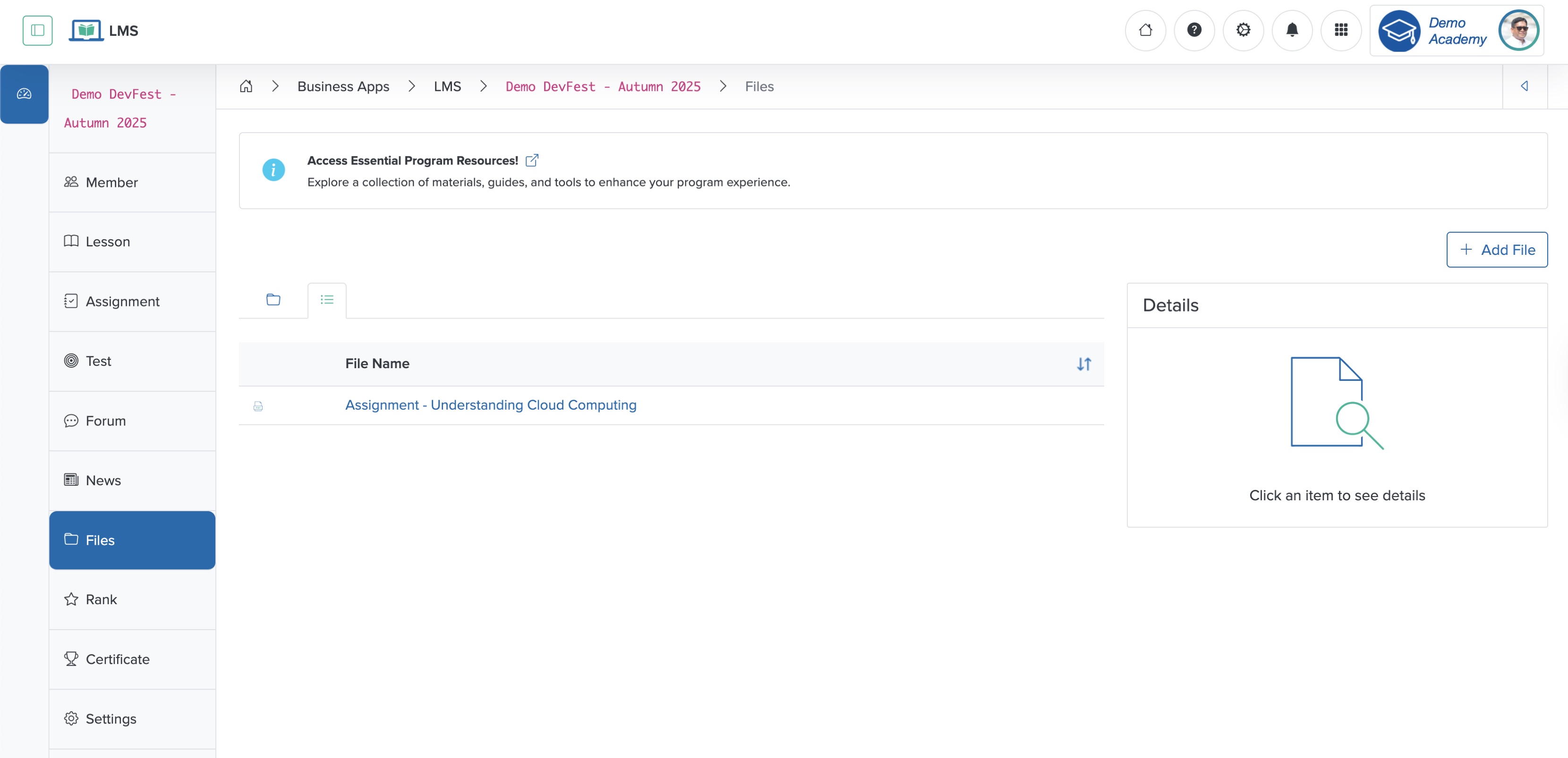 Figure 3: Individual Workspace - Individual Course Resources List Screen