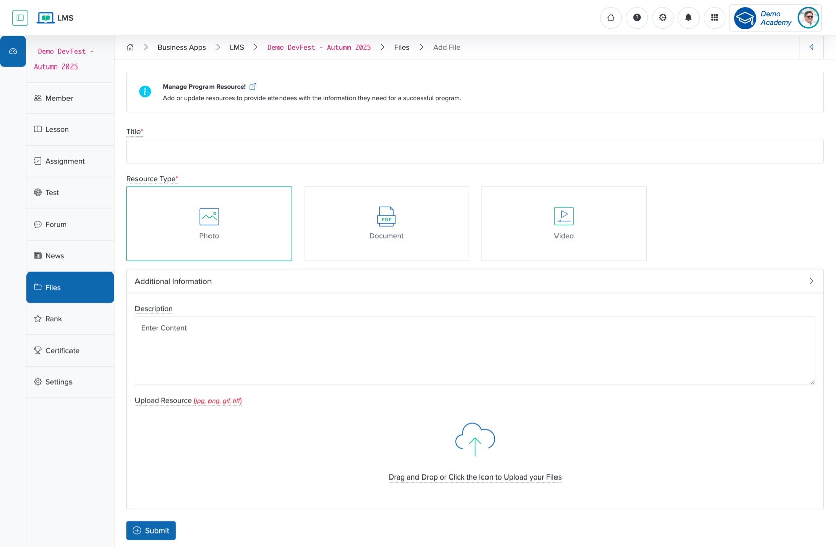 Figure 4: Individual Workspace - Individual Course Add Resource Screen