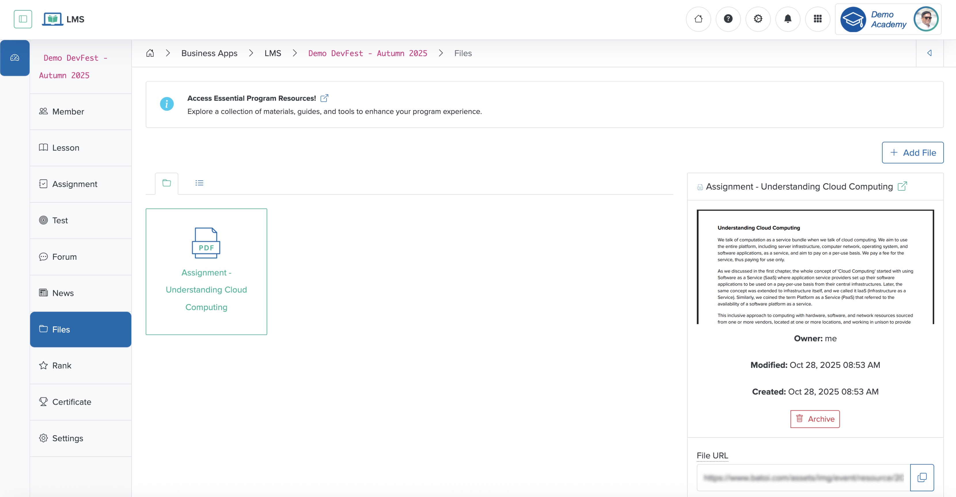 Figure 5: Individual Workspace - Individual Course View Resource Details Screen