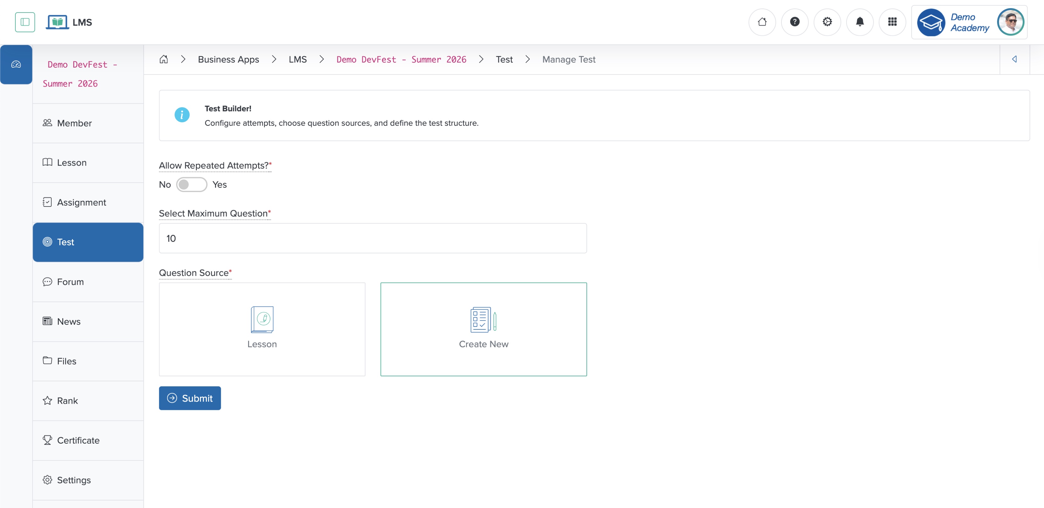Figure 2: Individual Workspace - Individual Course Test Creation Screen