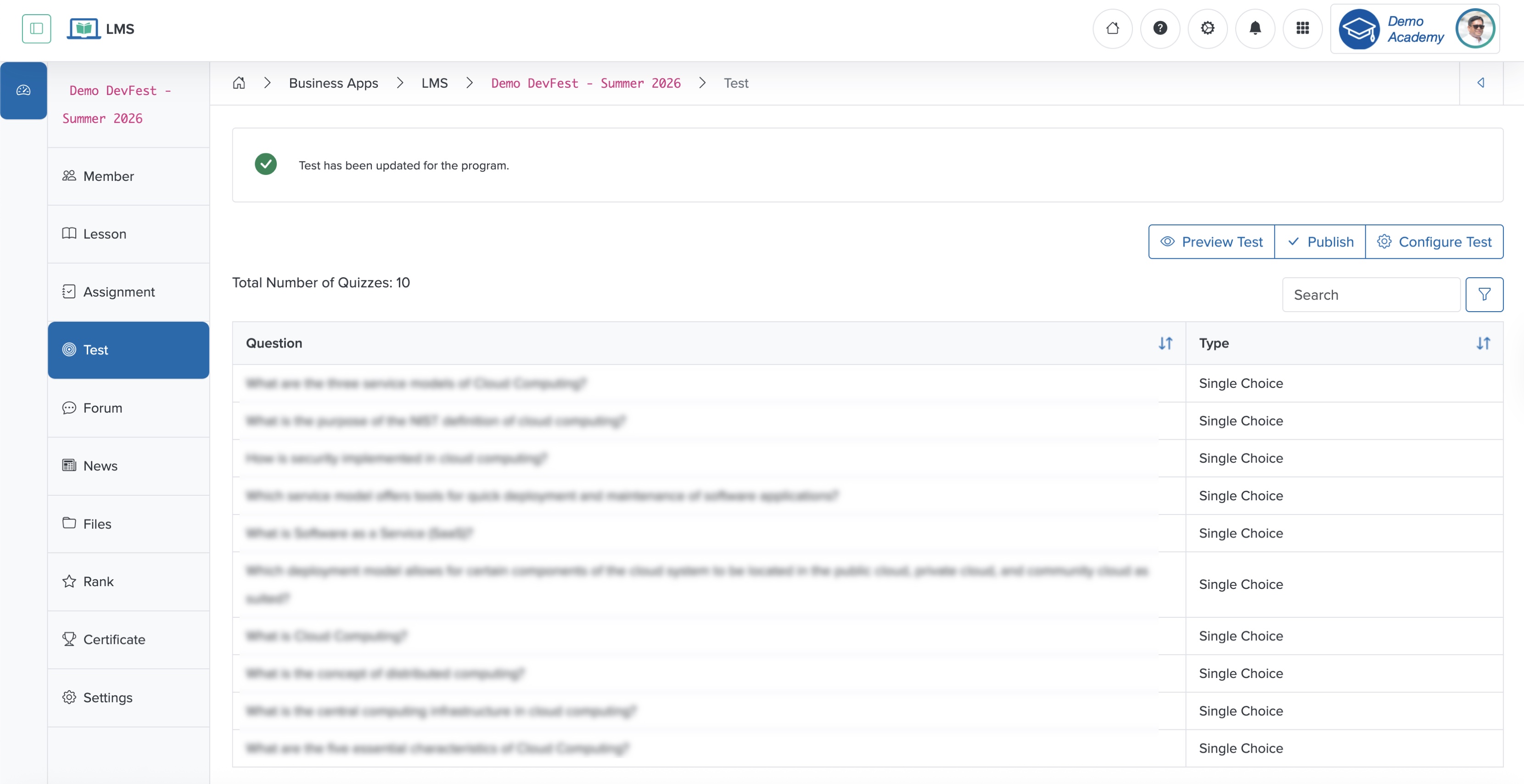 Figure 3: Individual Workspace - Individual Course Test Detail Screen