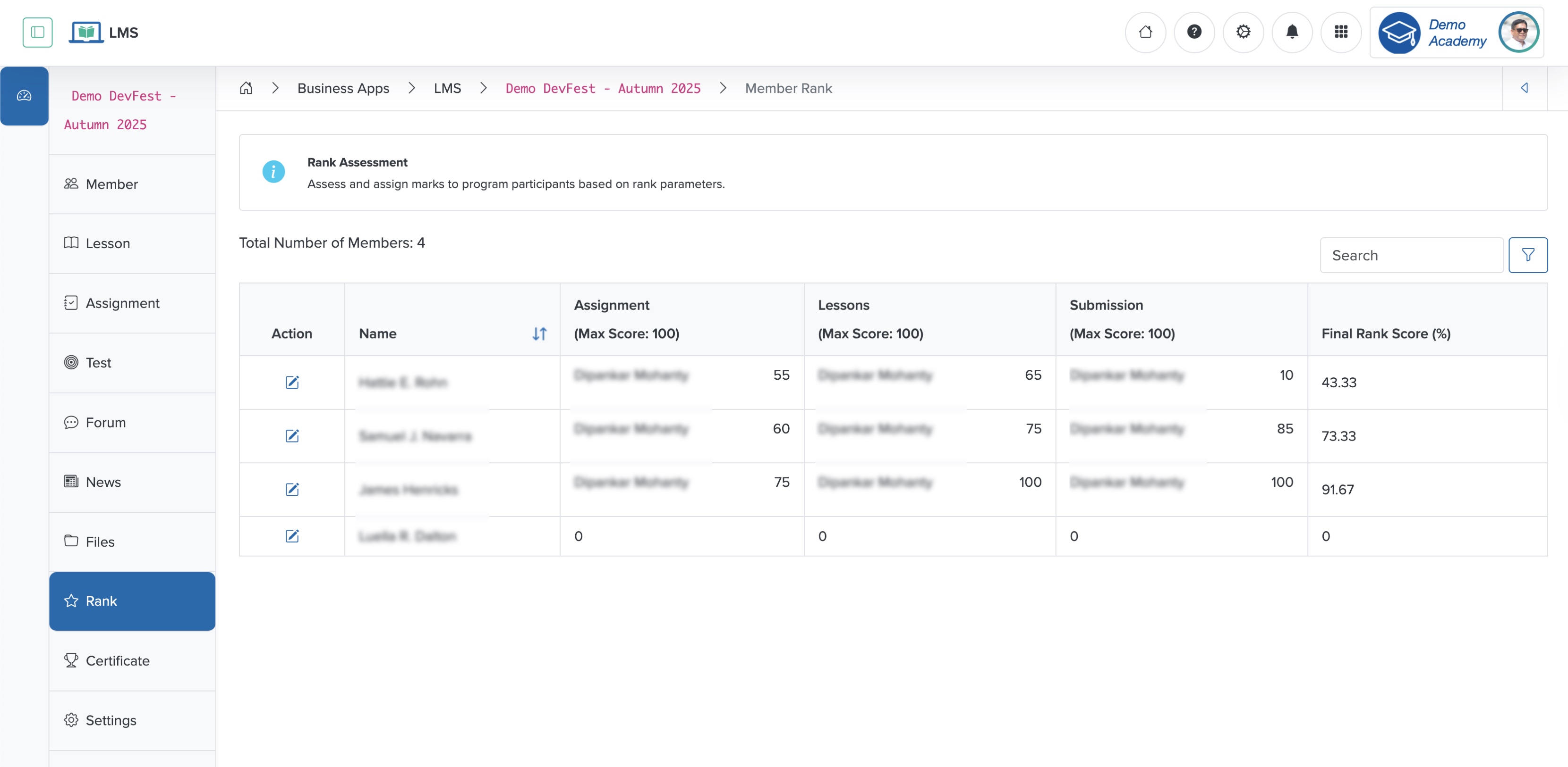 Figure 2: Individual Workspace - Individual Course Rank Screen