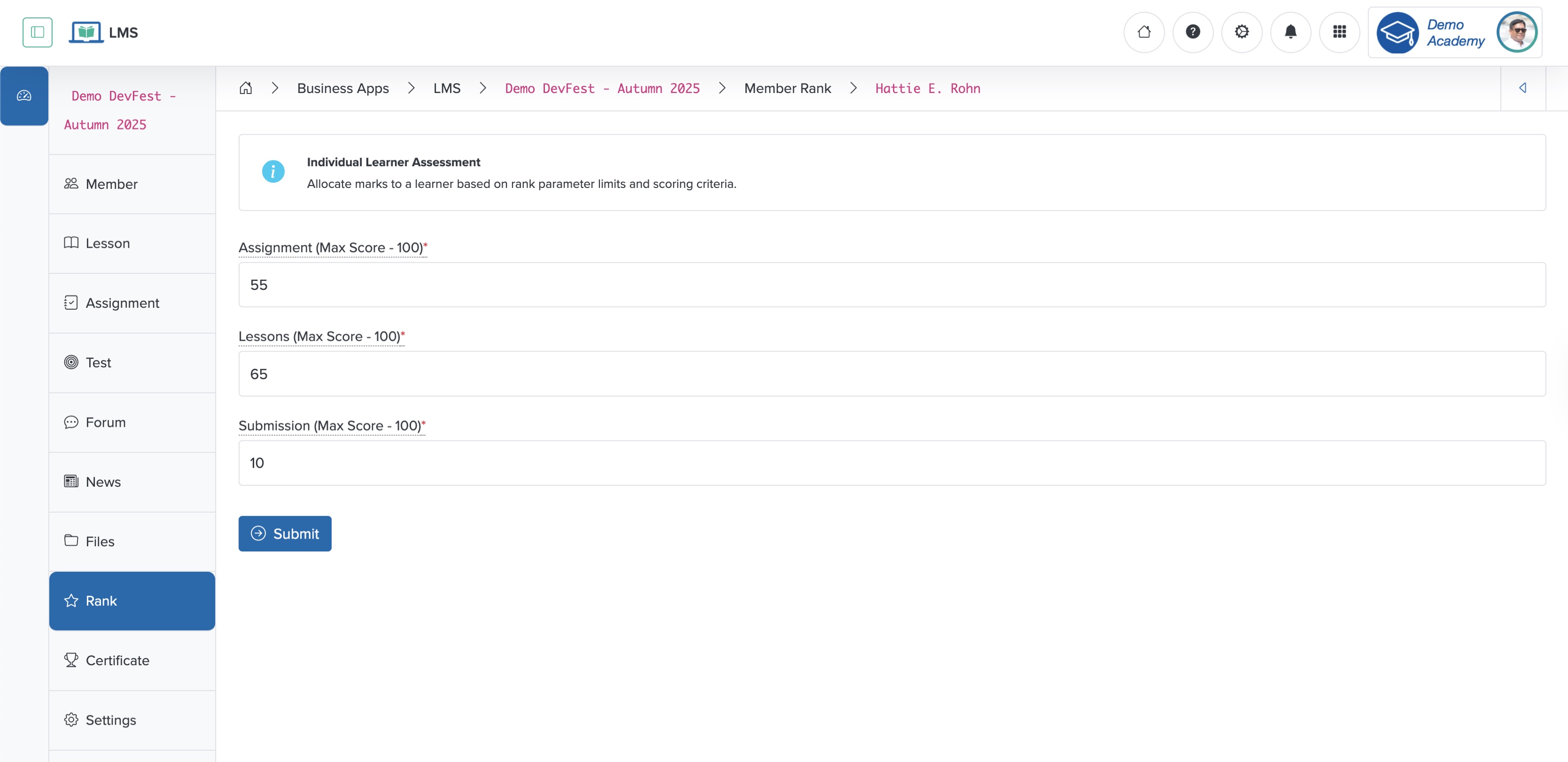 Figure 3: Individual Workspace - Individual Course Rank Mark Edit Screen