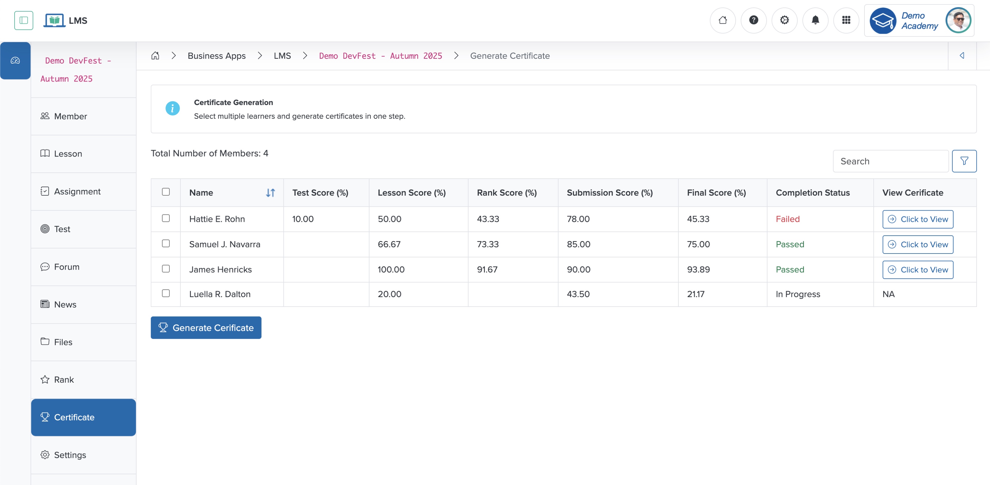 Figure 2: Individual Workspace - Individual Course Generate Certificate Screen