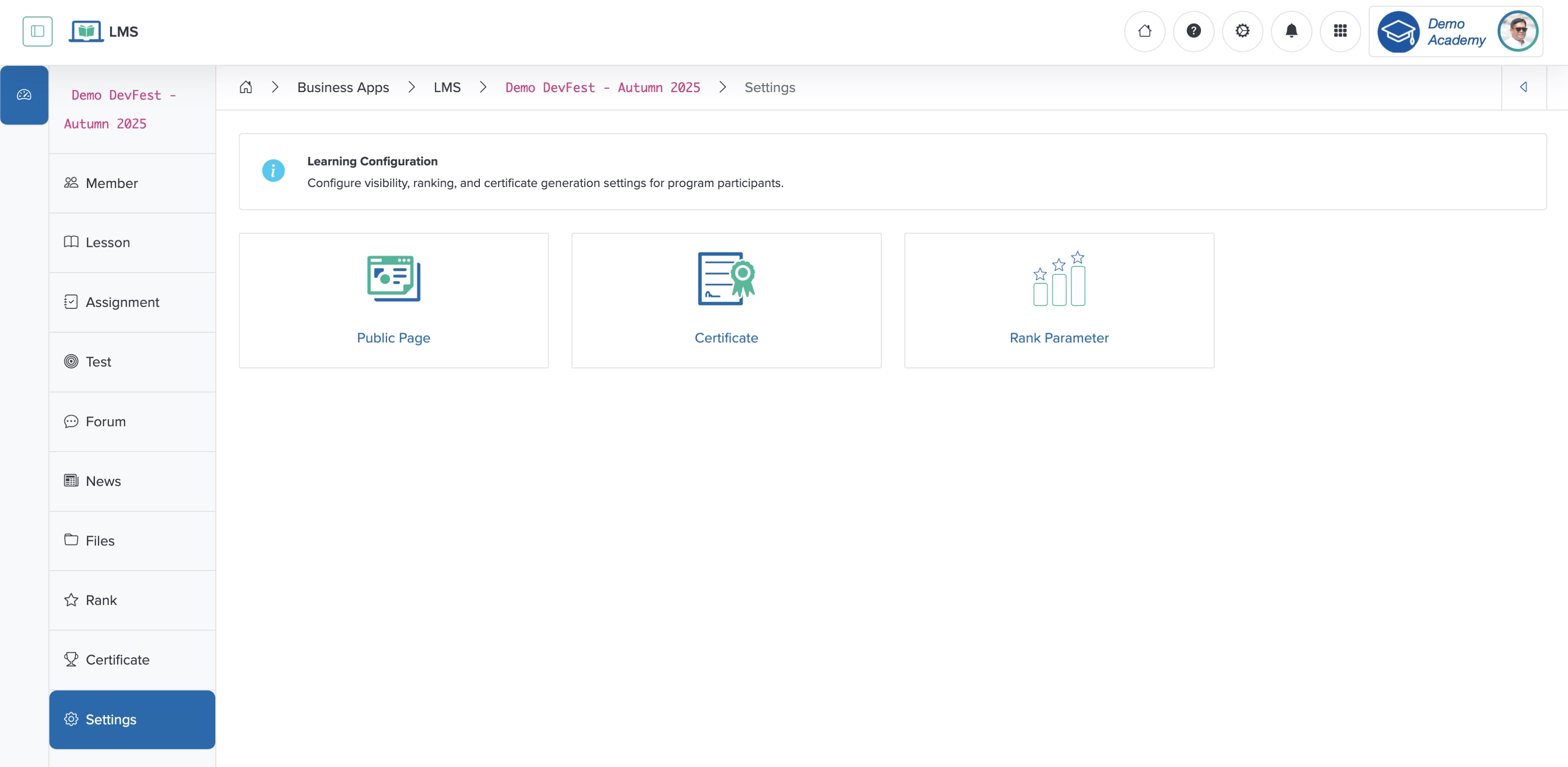 Figure 2: Individual Workspace - Individual Course Settings Page