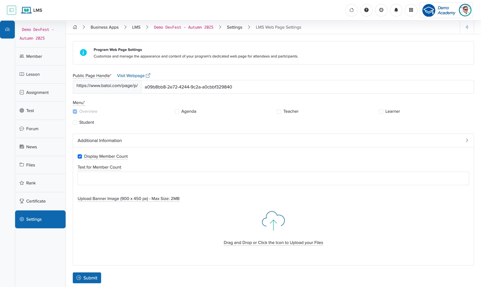 Figure 3: Individual Workspace - Individual Course Public Page Settings Screen