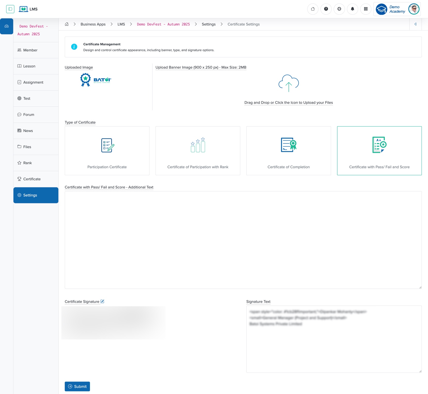 Figure 4: Individual Workspace - Individual Course Certificate Page Settings Screen