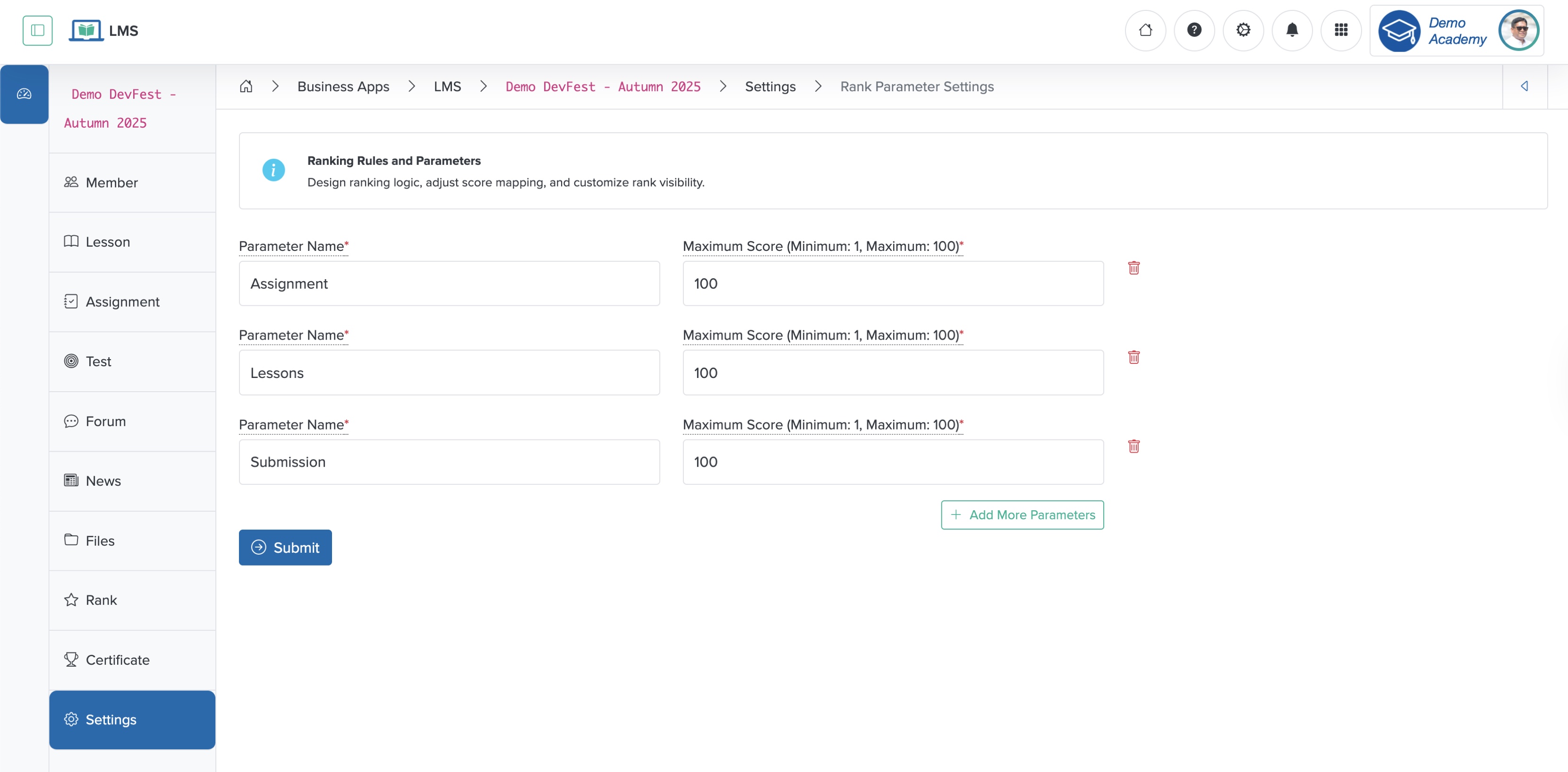 Figure 5: Individual Workspace - Individual Course Rank Parameter Settings Screen