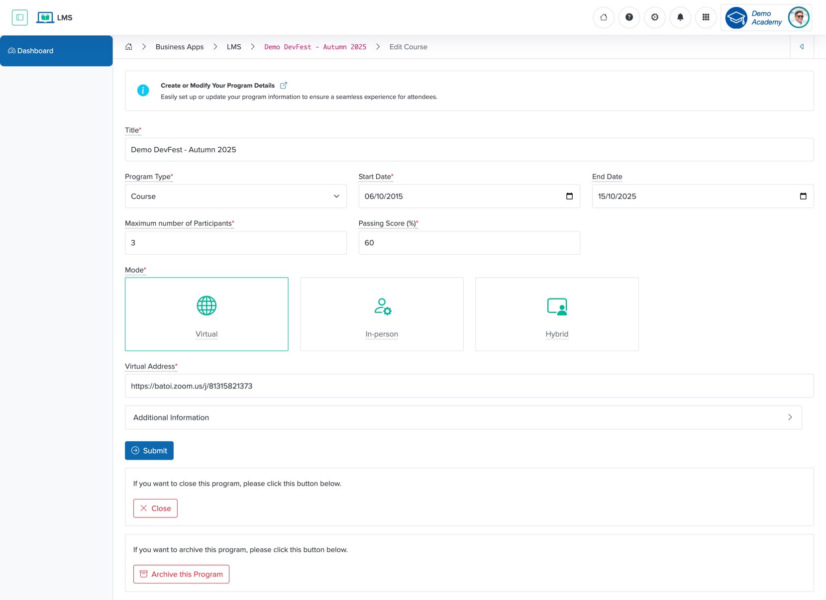 Figure 6: Individual Workspace - Individual Course Edit Screen