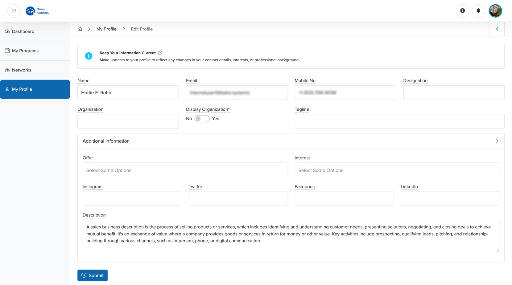 Figure 12: Bridge Portal - Edit My Profile Details Screen