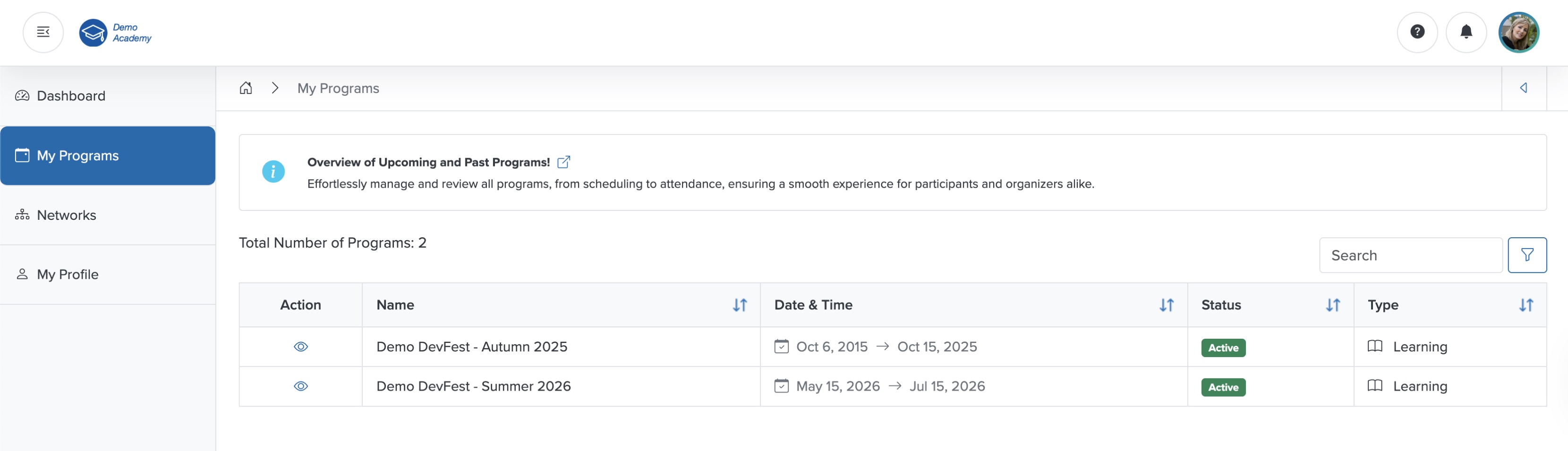 Figure 14: Bridge Portal - Program List Screen