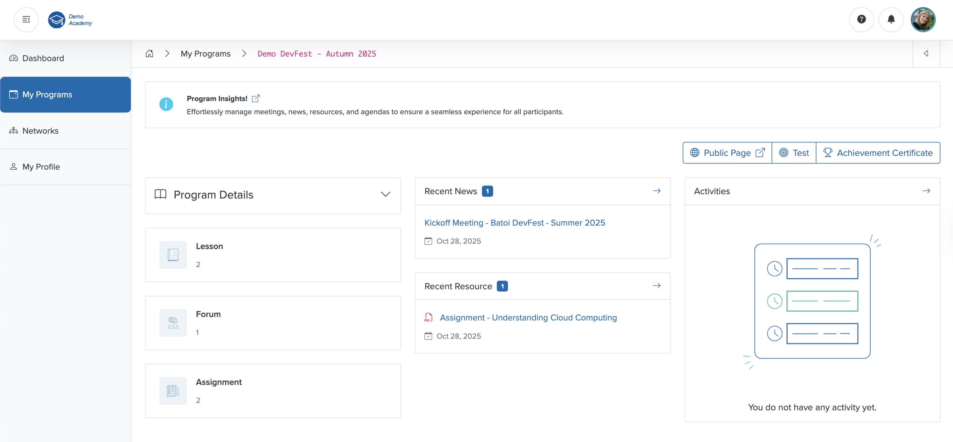 Figure 15: Bridge Portal - Individual Course Dashboard Screen