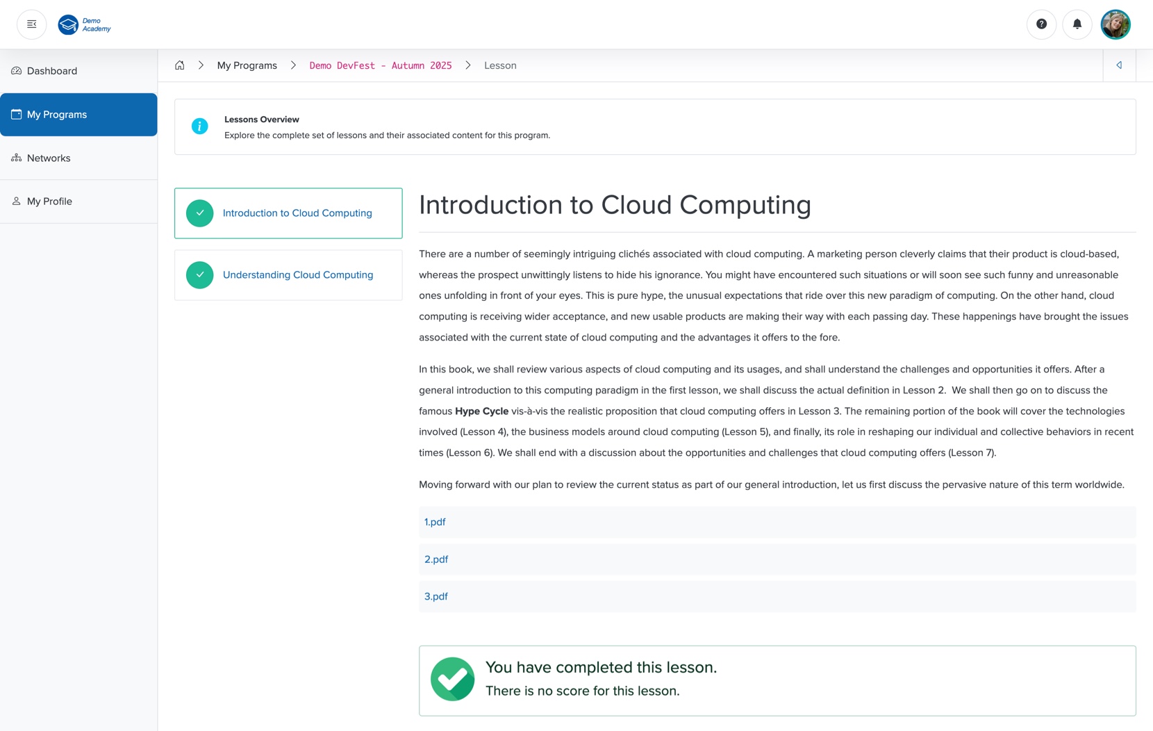 Figure 17: Bridge Portal - Individual Course Lesson Screen
