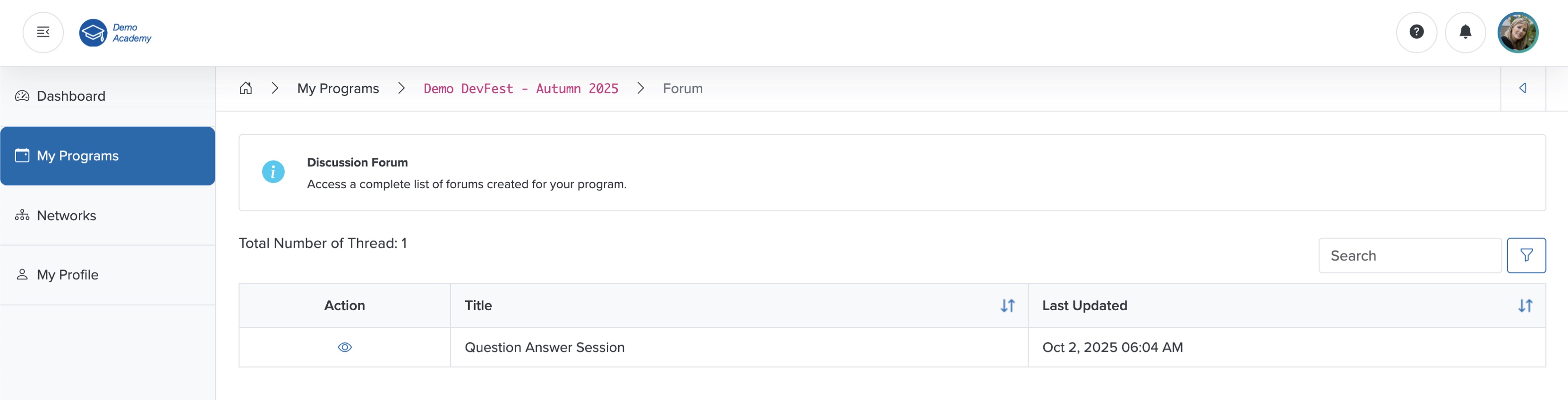 Figure 20: Bridge Portal - Individual Course Forum List Screen