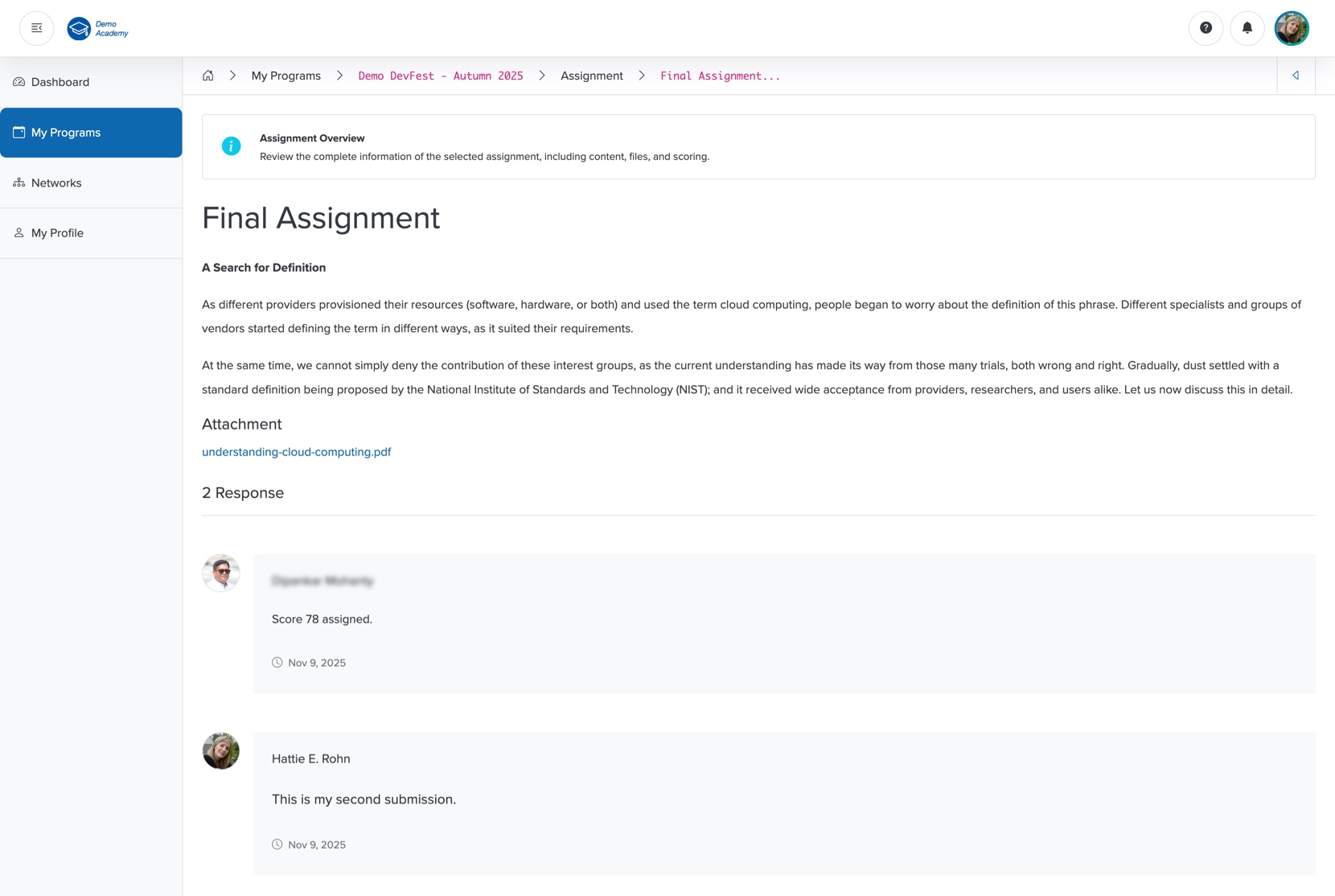 Figure 24: Bridge Portal - Individual Course Assignment Approved Screen