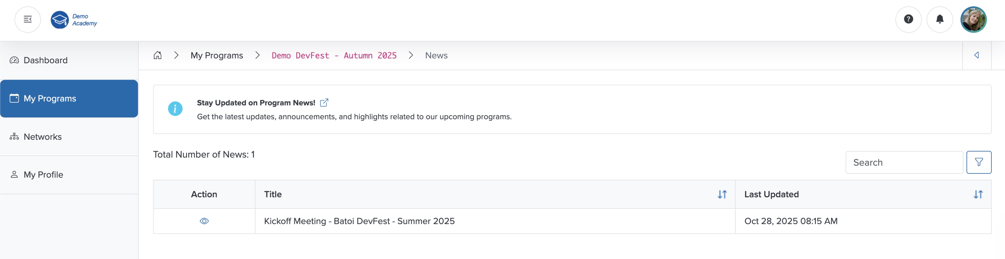Figure 25: Bridge Portal - Individual Course News List Screen