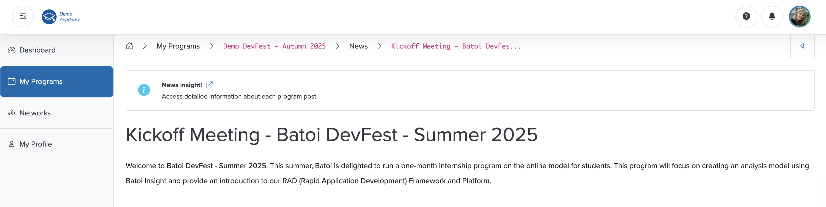 Figure 26: Bridge Portal - Individual Course News Detail Screen