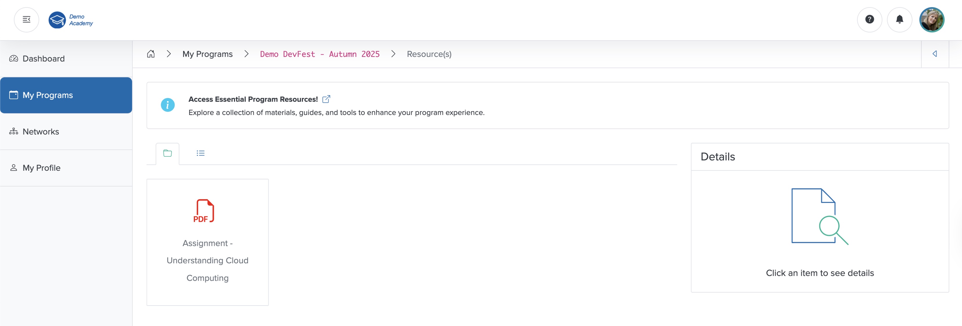 Figure 27: Bridge Portal - Individual Course Resources List Screen