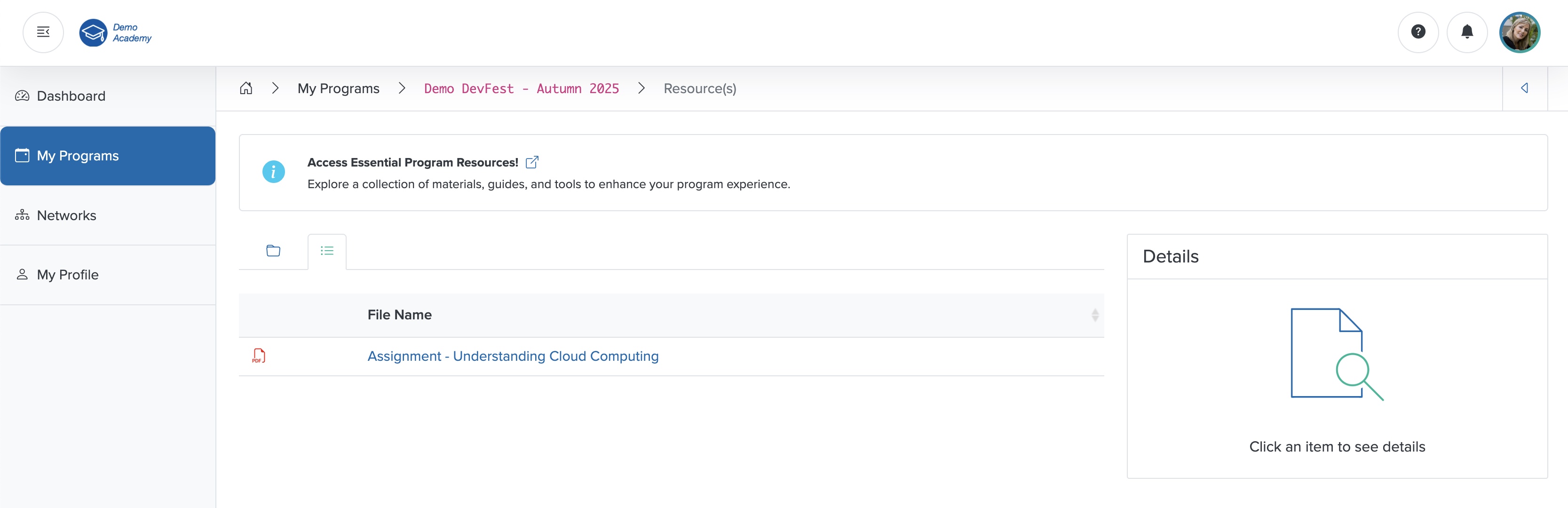 Figure 28: Bridge Portal - Individual Course Resources List Screen