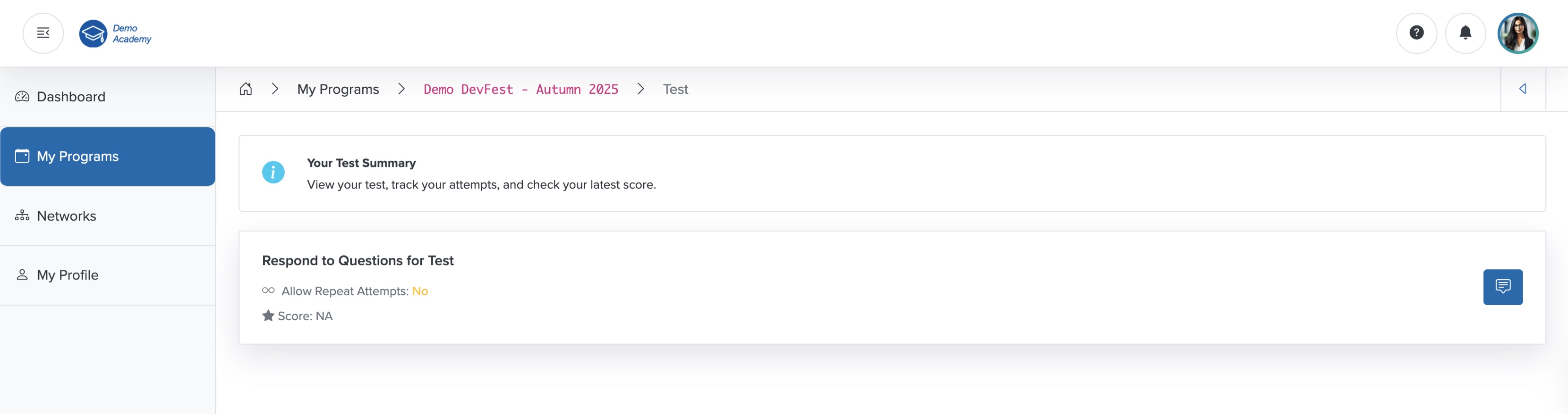 Figure 30: Bridge Portal - Individual Course Test Screen