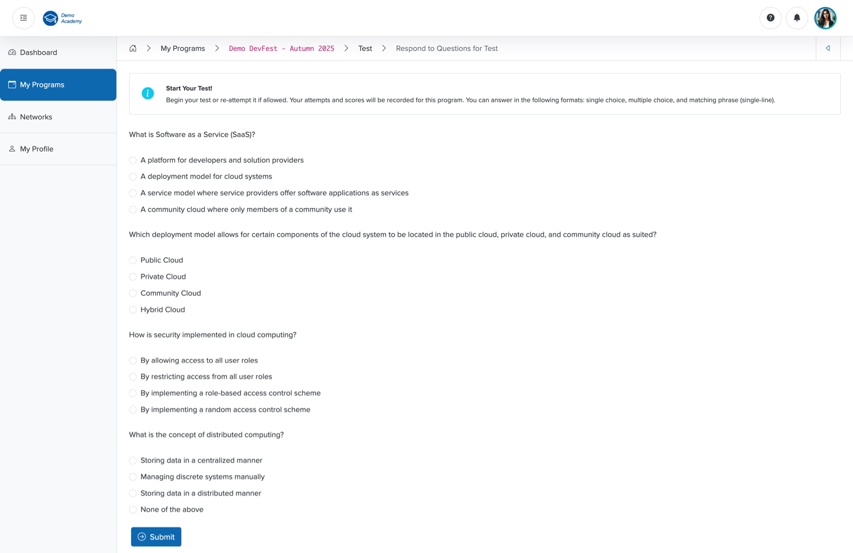 Figure 31: Bridge Portal - Individual Course Test Screen