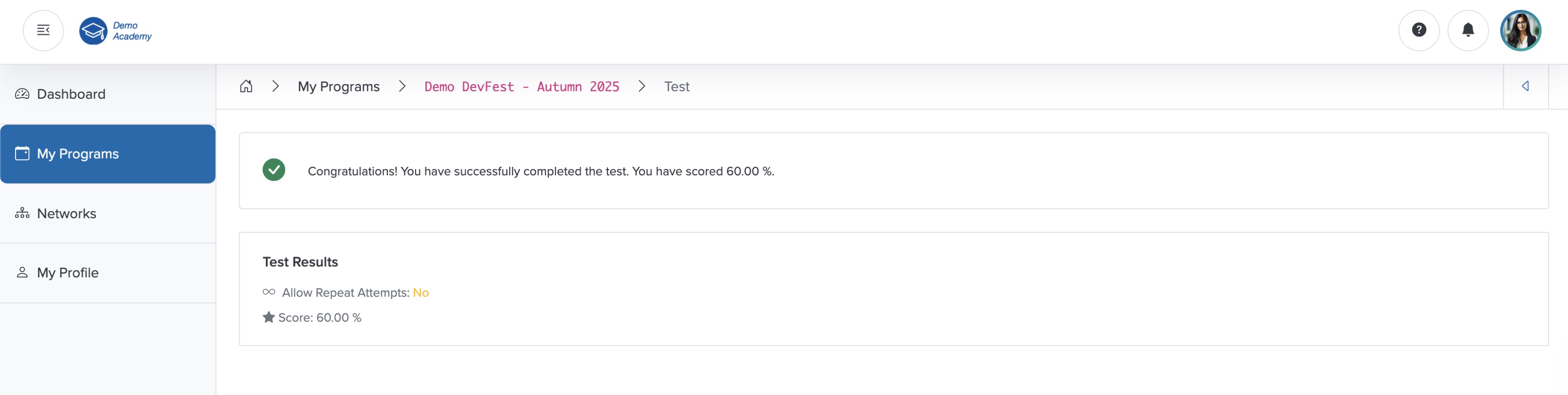 Figure 32: Bridge Portal - Individual Course Test Quiz Score Screen