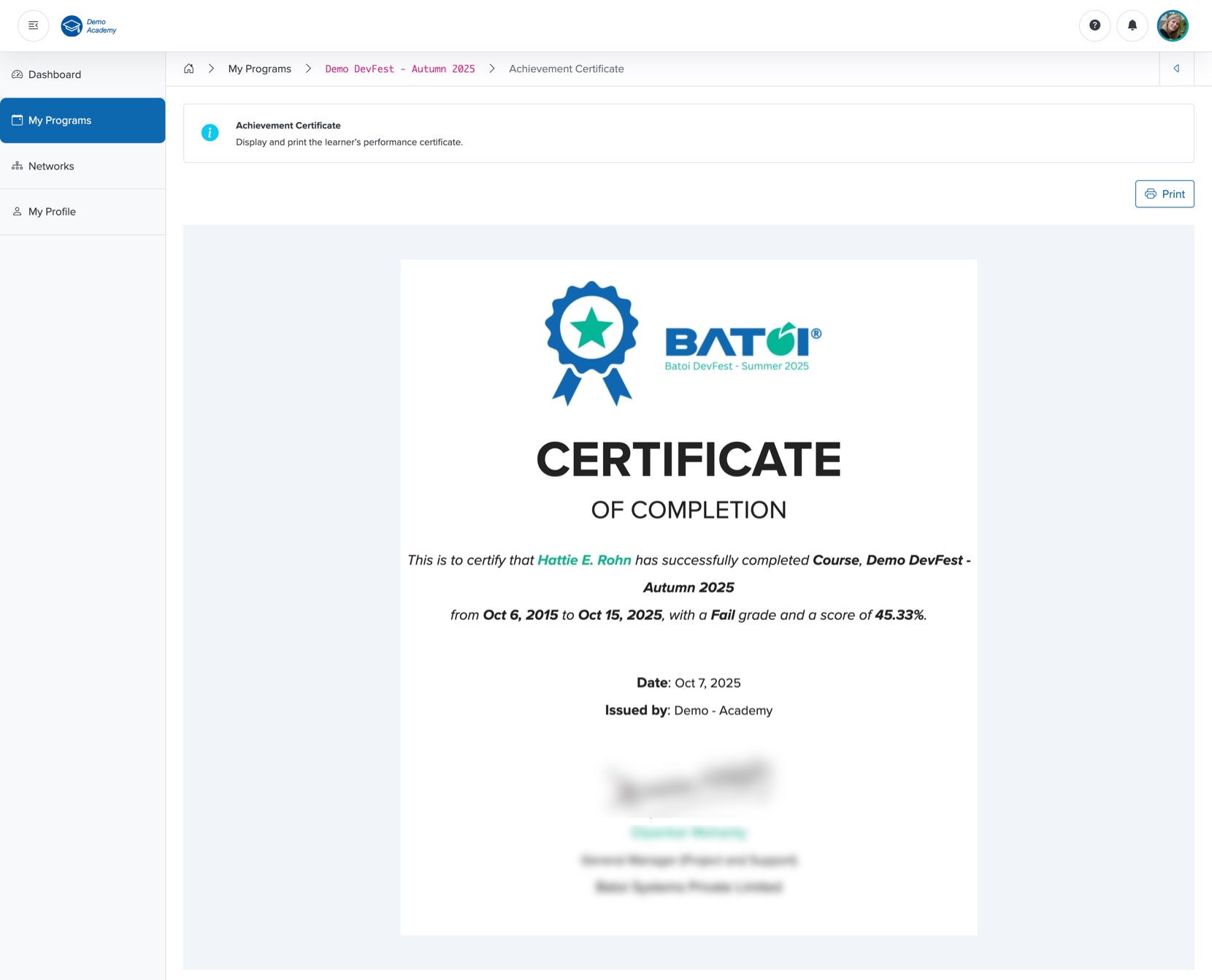 Figure 33: Bridge Portal - Individual Course Certificate Screen