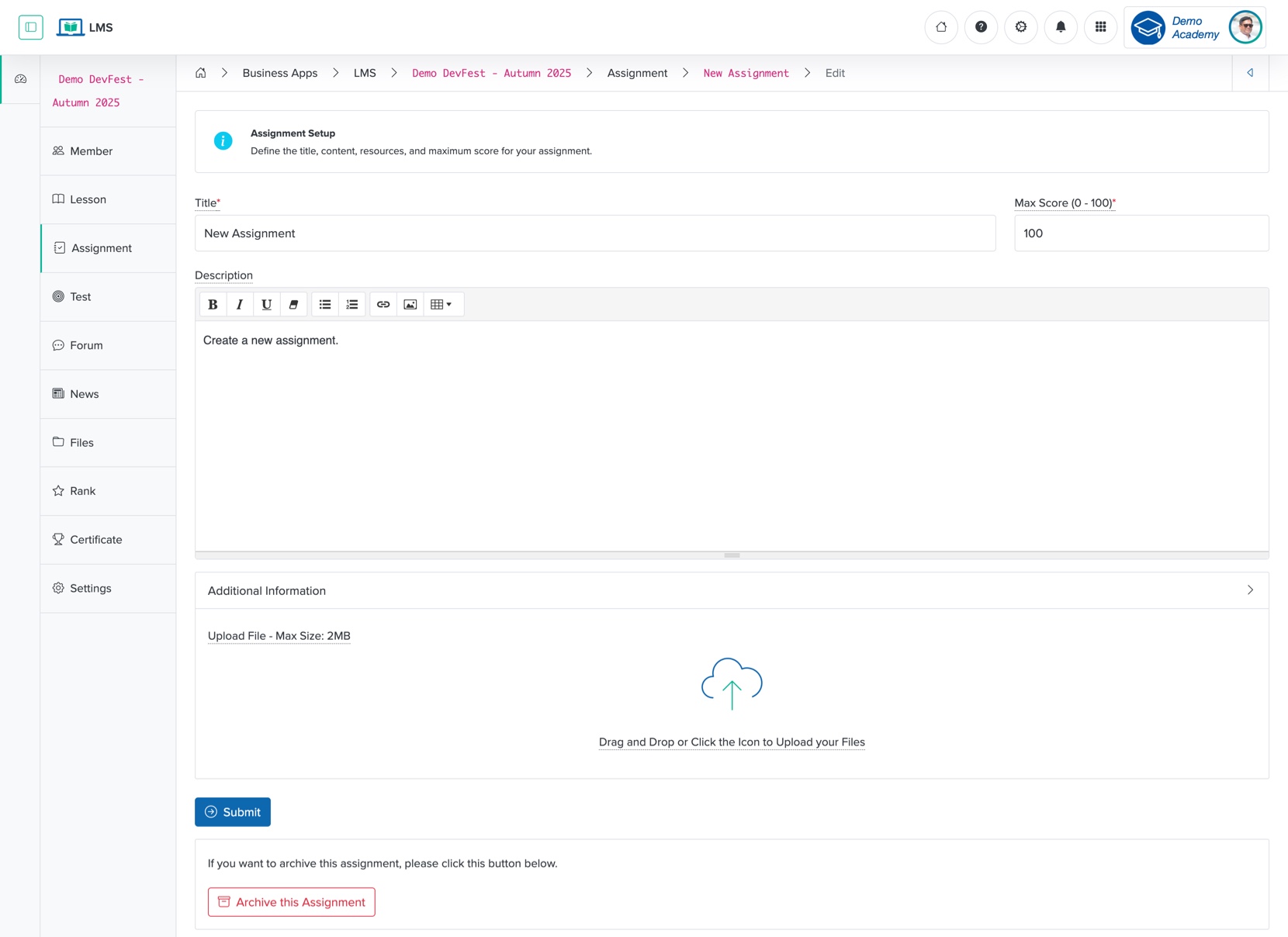 Figure 7: Individual Workspace - Individual Course Assignment Edit Screen