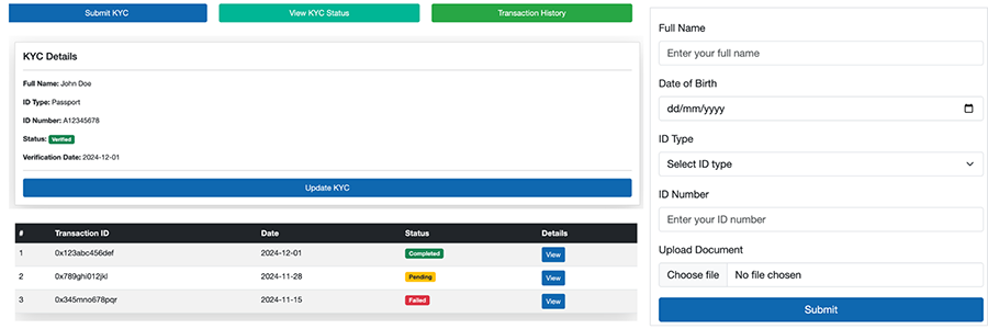 Functional KYC prototype showing identity capture, transaction history, and document submission.