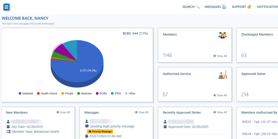 Healthcare operations dashboard showing member, service, note, and message activity.