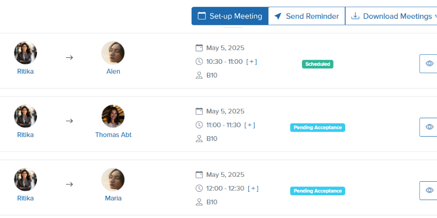 Event-networking workspace showing scheduled and pending participant meetings.