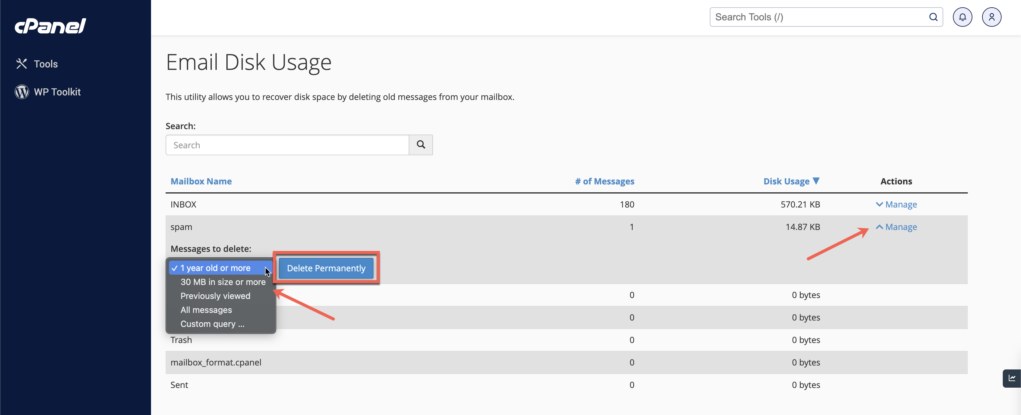 Figure 10: cPanel Email Disk Usage Delete Screen