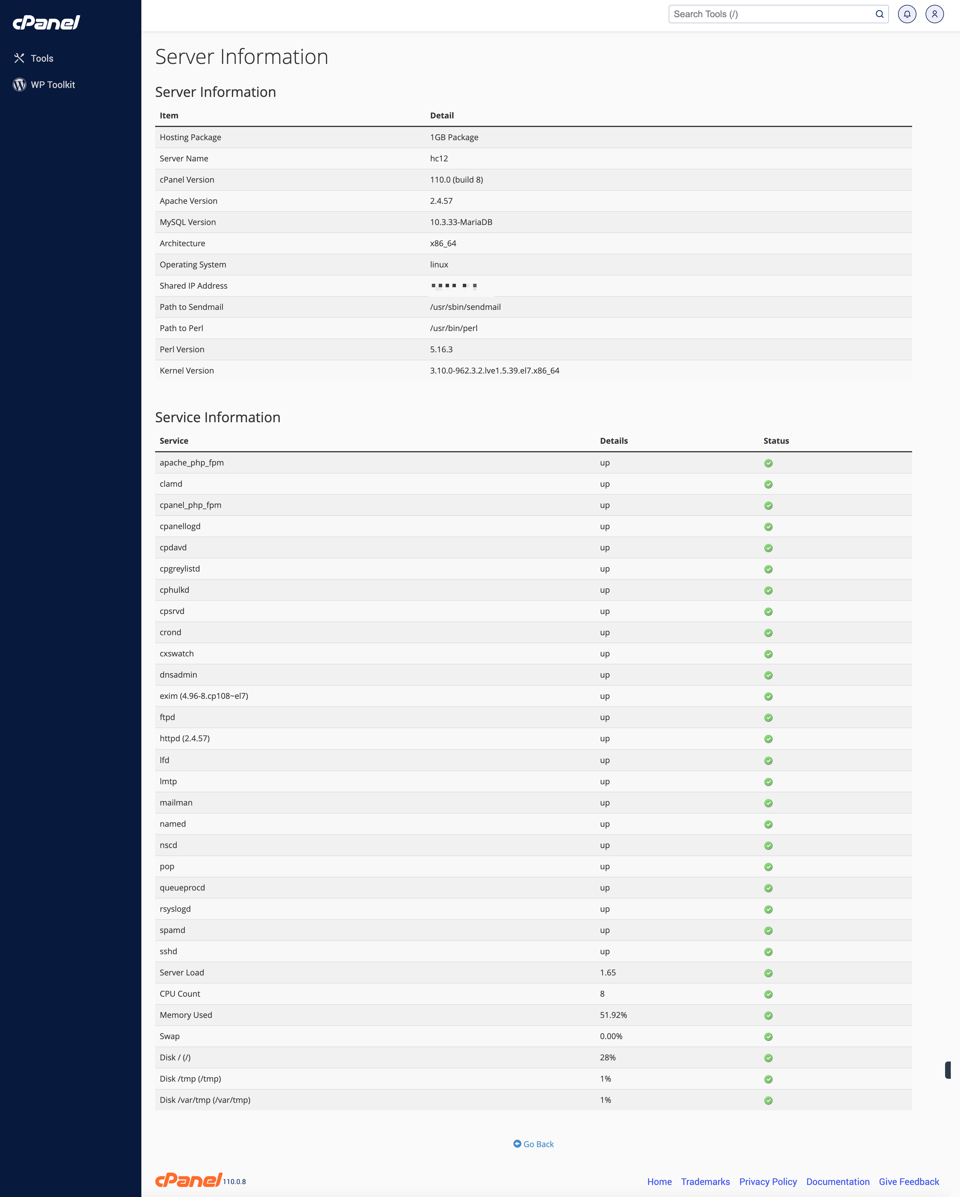 Figure 12: cPanel Server Information Detail Screen