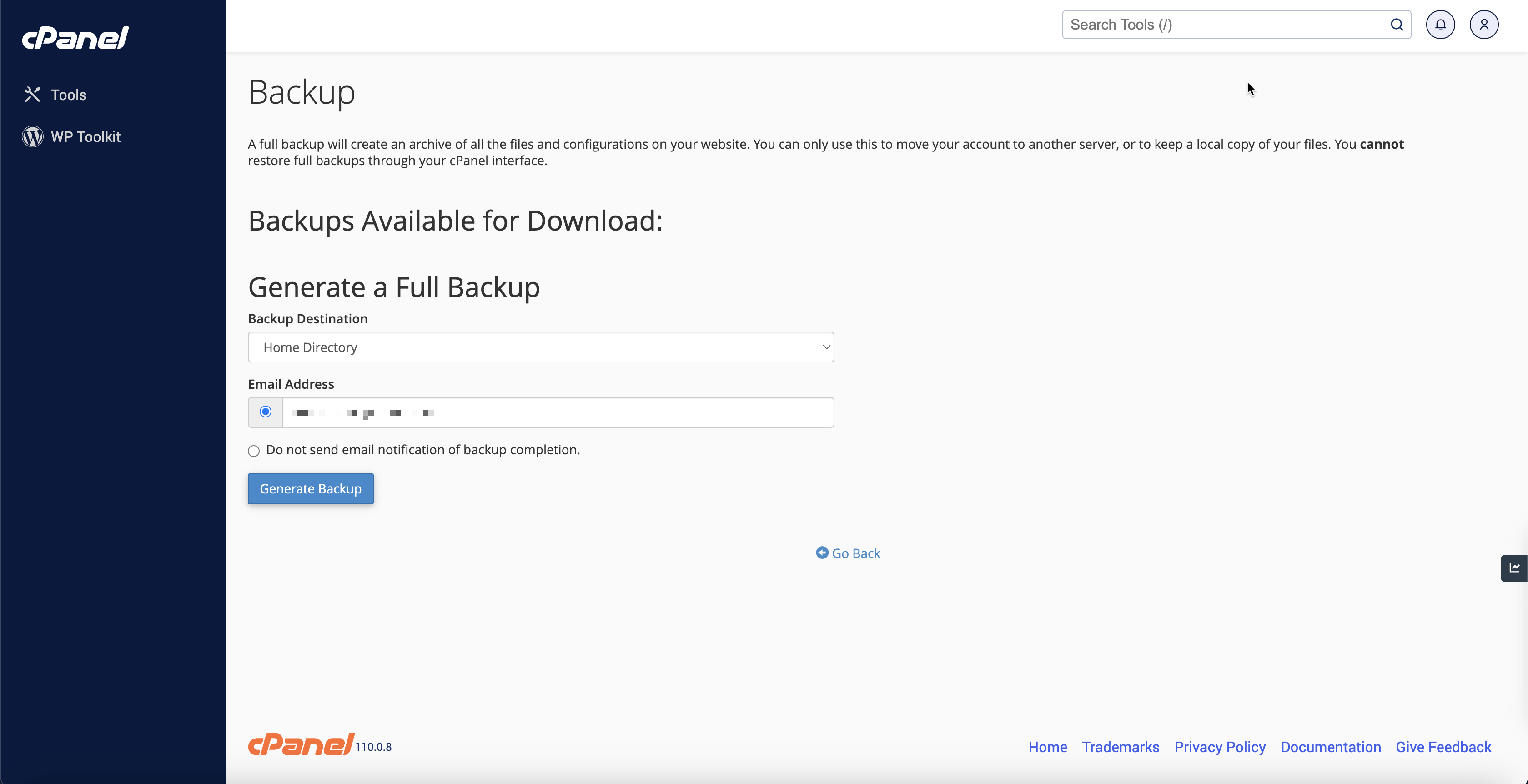 Figure 5: cPanel Generate Full Backup Page