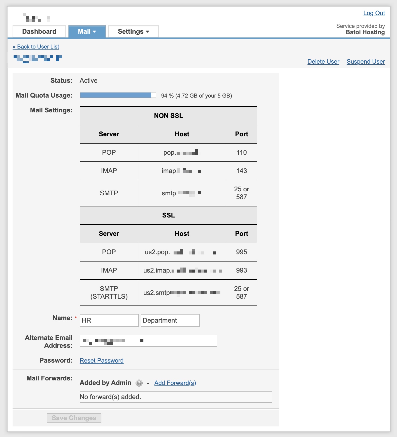 Figure 12: My HostMart Manage Business Email Individual Users Popup Screen