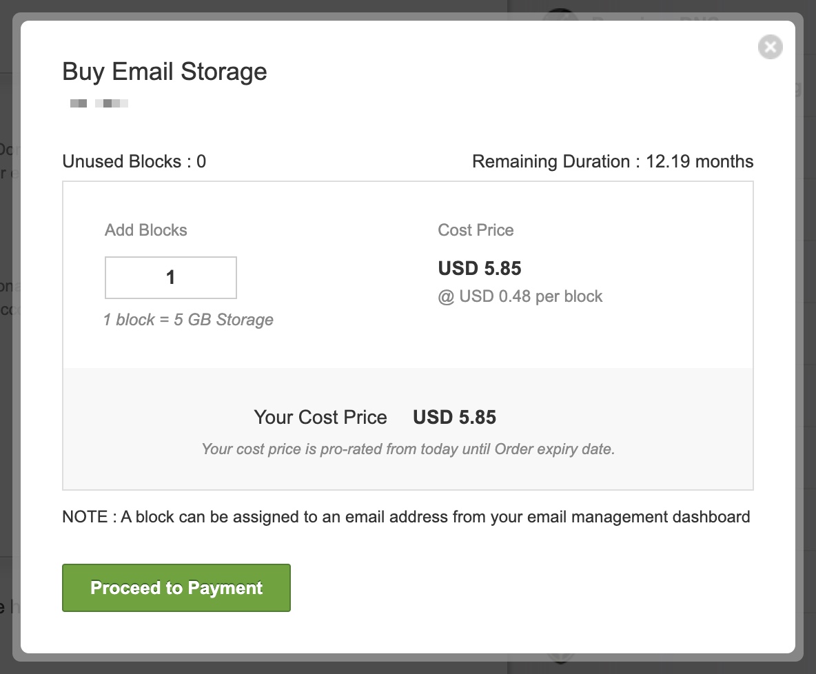 Figure 15: My HostMart Manage Business Email Storage Add-on Popup Screen