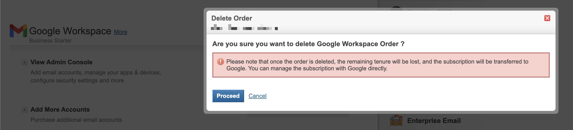 Figure 12: My Batoi Hosting Google Workspace Delete Order Popup Screen