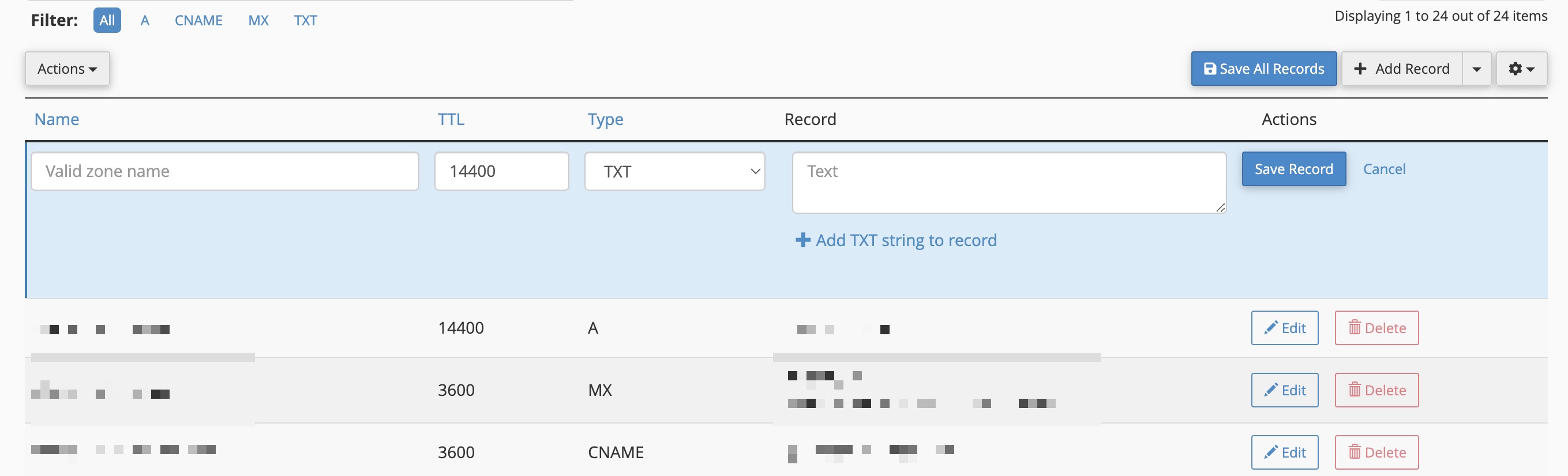 Figure 6: cPanel DNS Zone Editor TXT Record Add Screen