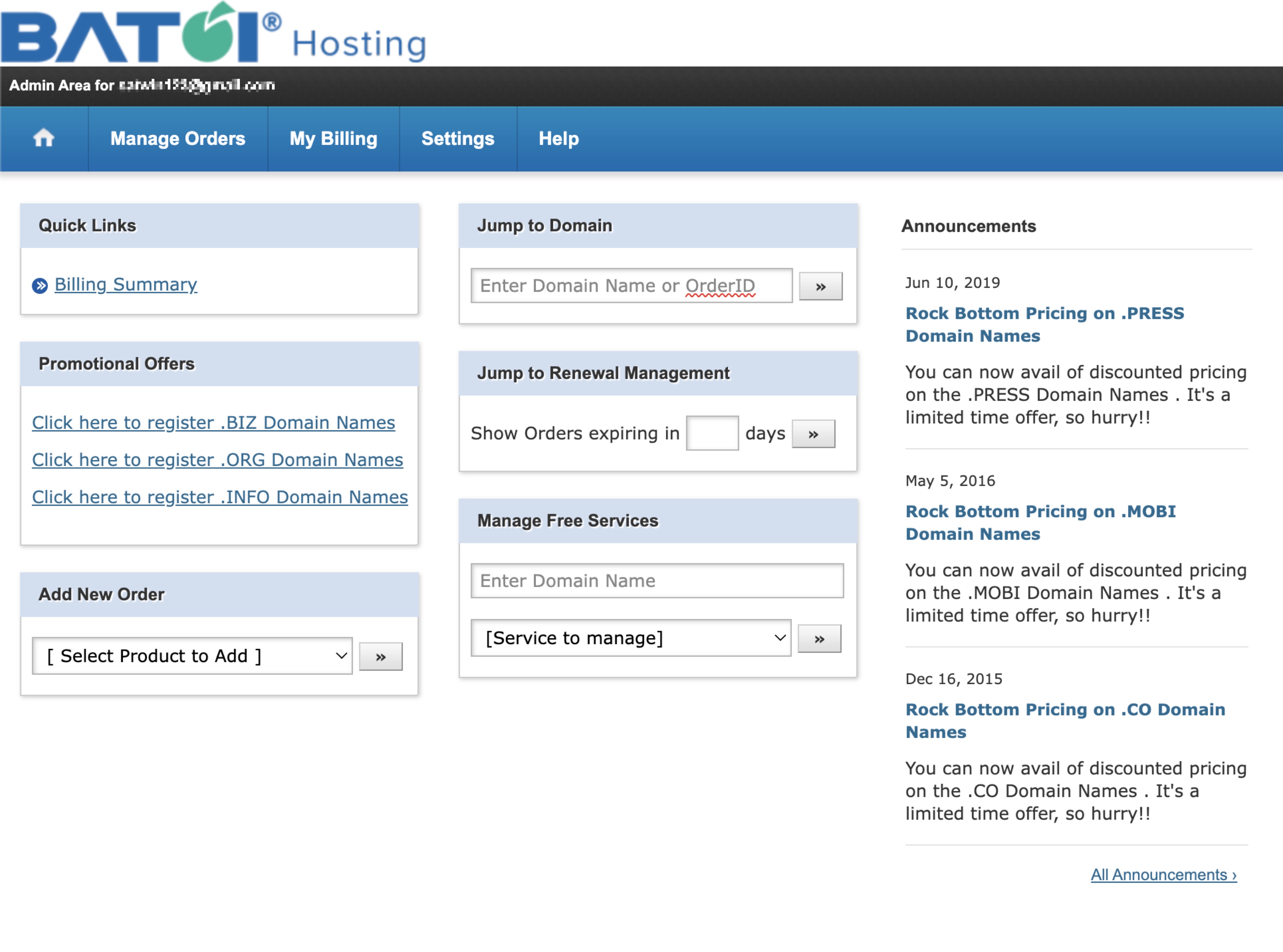 Figure 2: My Batoi Hosting Dashboard Screen