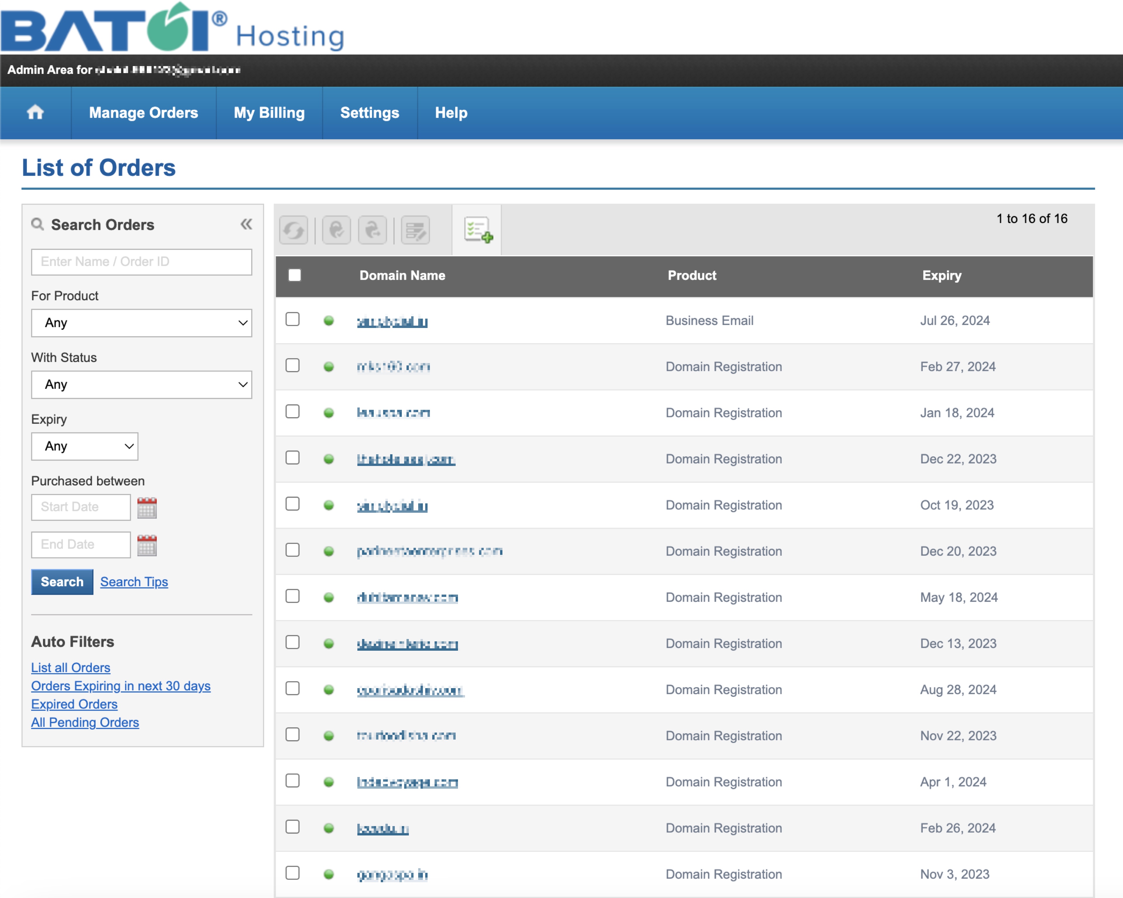 Figure 3: My Batoi Hosting Manage Orders List Screen